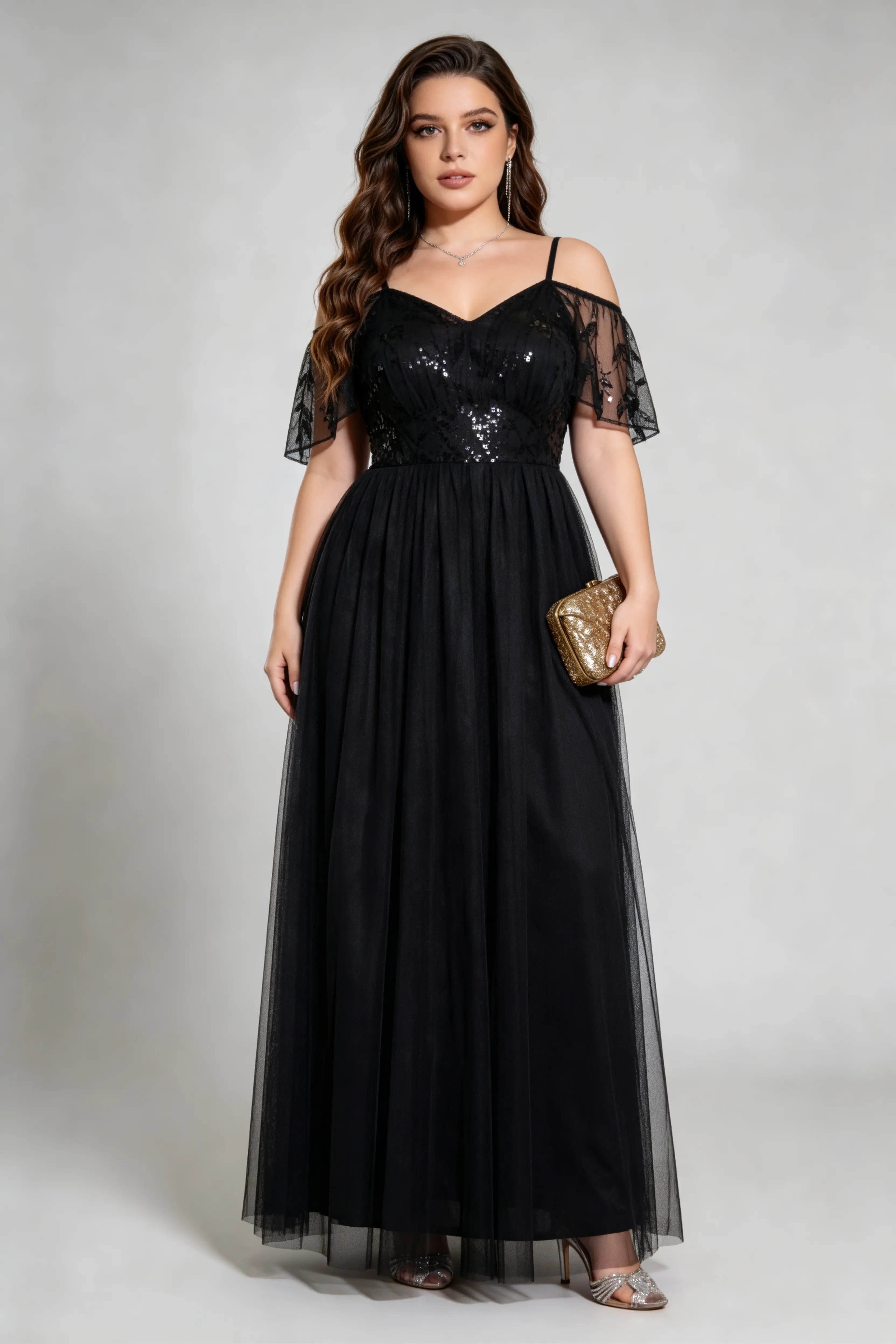 Plus Size Black Off-Shoulder Sequin Tulle Maxi Evening Gown