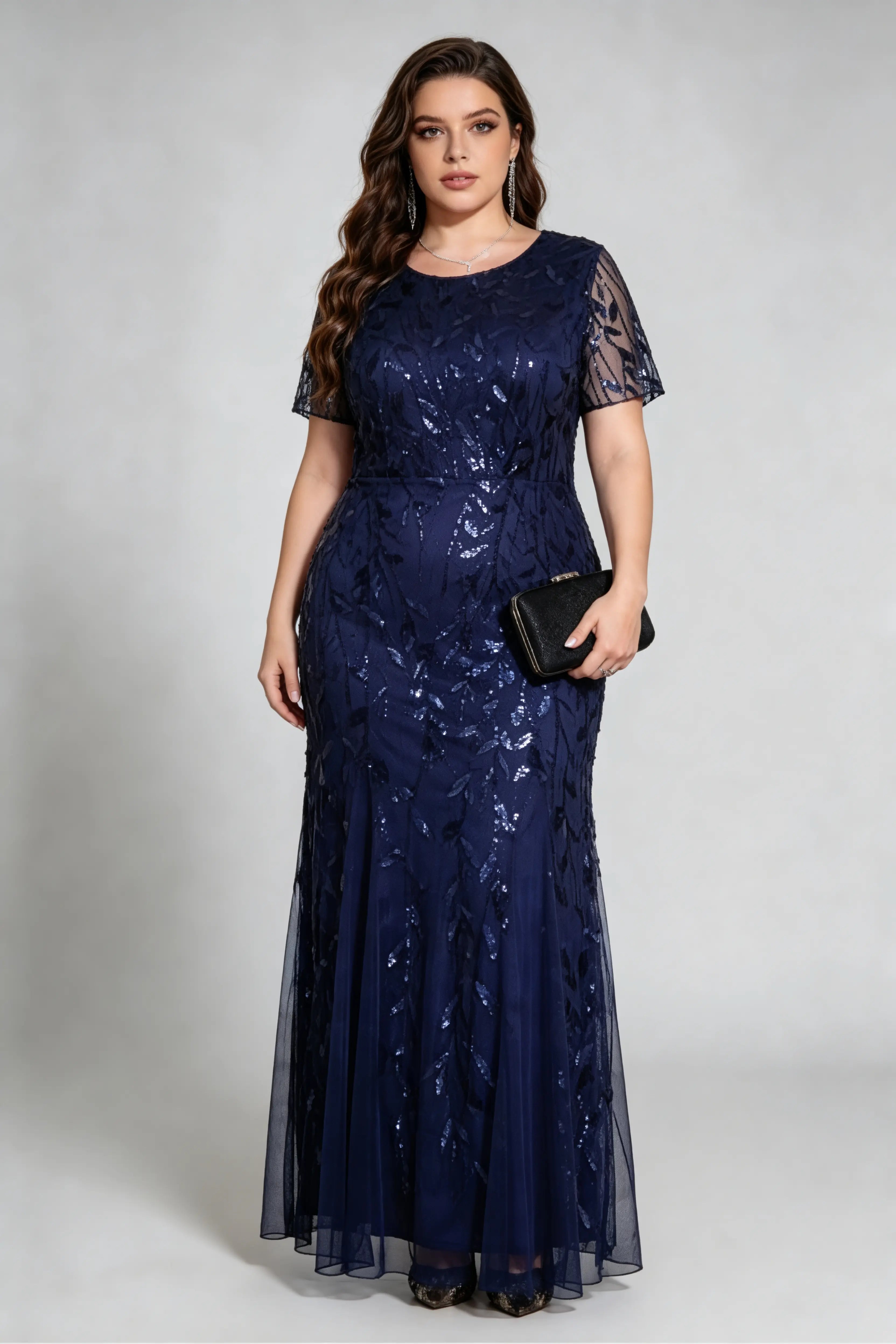 Plus Size Navy Sequin Embroidered Mermaid Evening Gown with Short Sleeves
