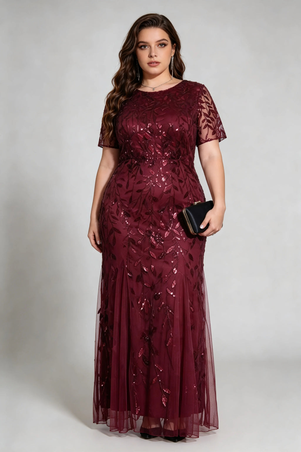 Plus Size Burgundy Sequin Embroidered Mermaid Evening Gown with Short Sleeves