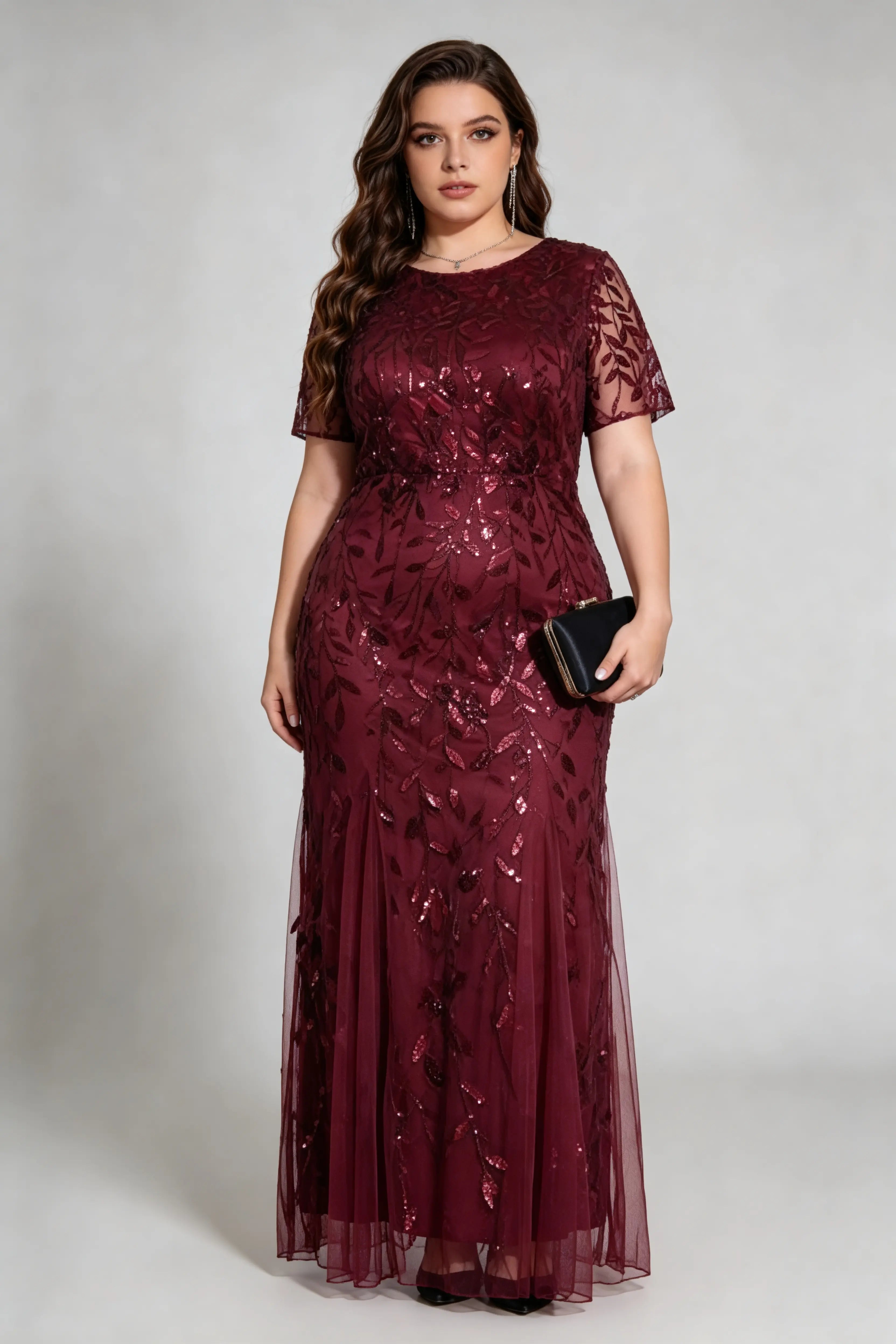 Plus Size Burgundy Sequin Embroidered Mermaid Evening Gown with Short Sleeves