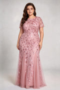 Plus Size Pink Sequin Embroidered Mermaid Evening Gown with Short Sleeves