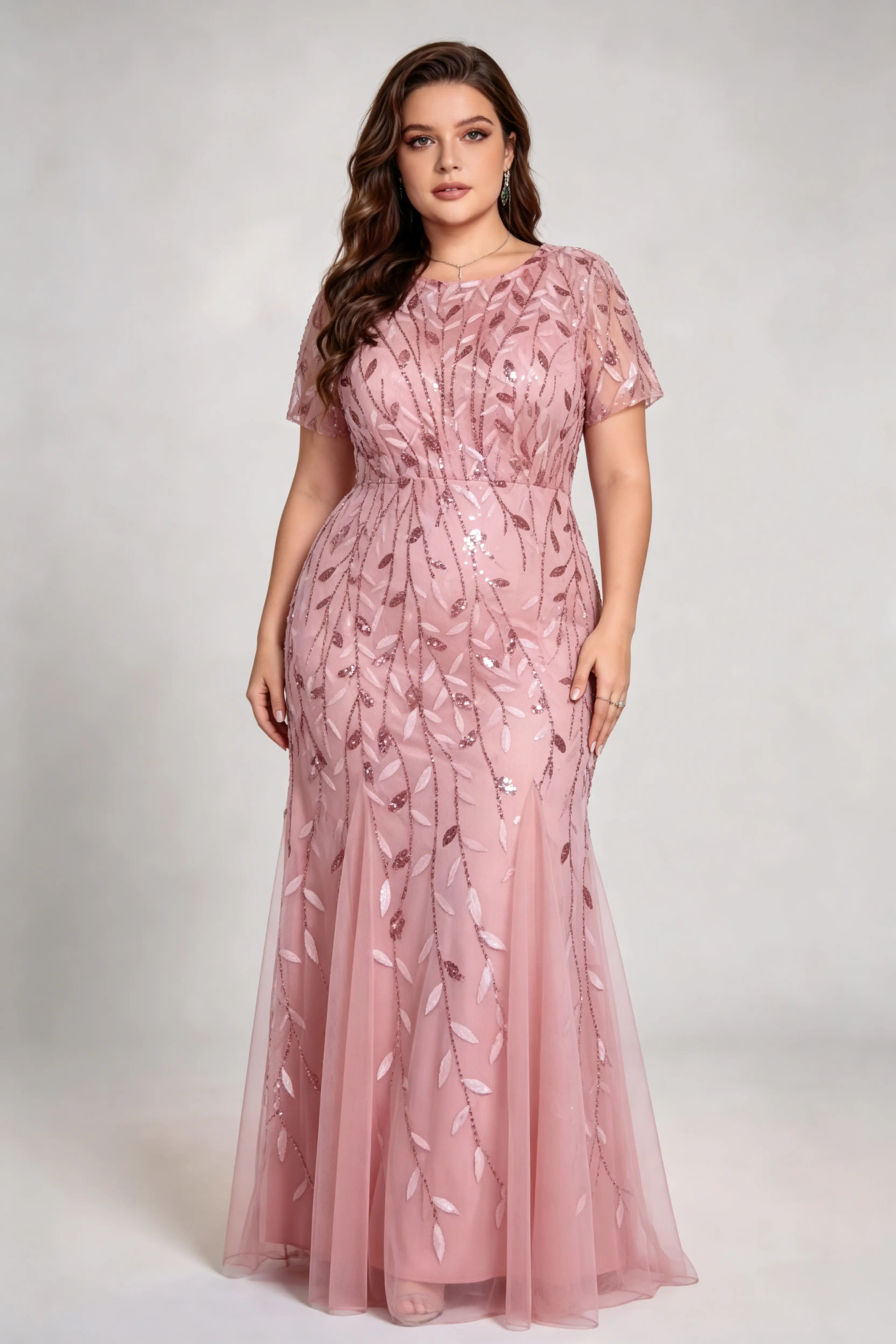 Plus Size Pink Sequin Embroidered Mermaid Evening Gown with Short Sleeves