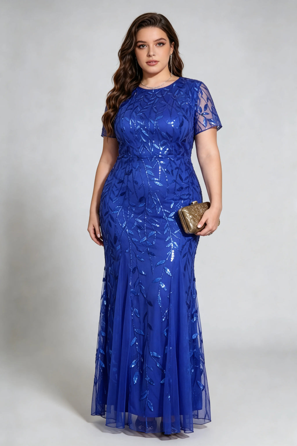 Plus Size Light Blue Sequin Embroidered Mermaid Evening Gown with Short Sleeves