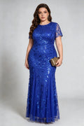 Plus Size Light Blue Sequin Embroidered Mermaid Evening Gown with Short Sleeves