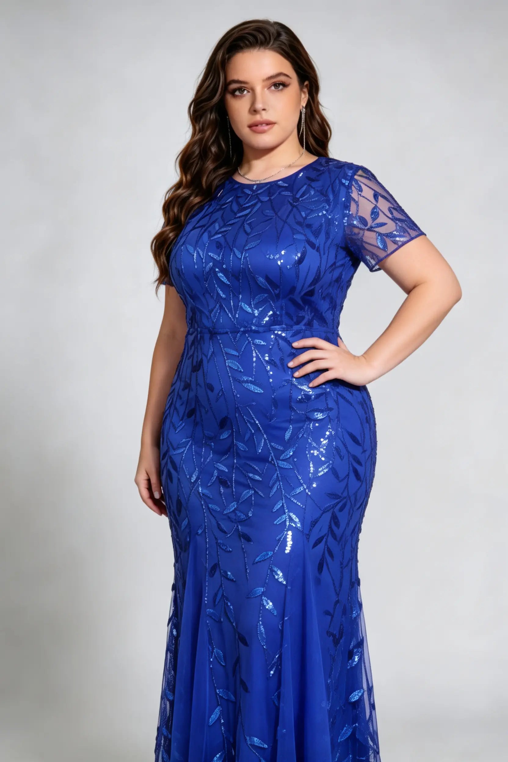 Plus Size Light Blue Sequin Embroidered Mermaid Evening Gown with Short Sleeves