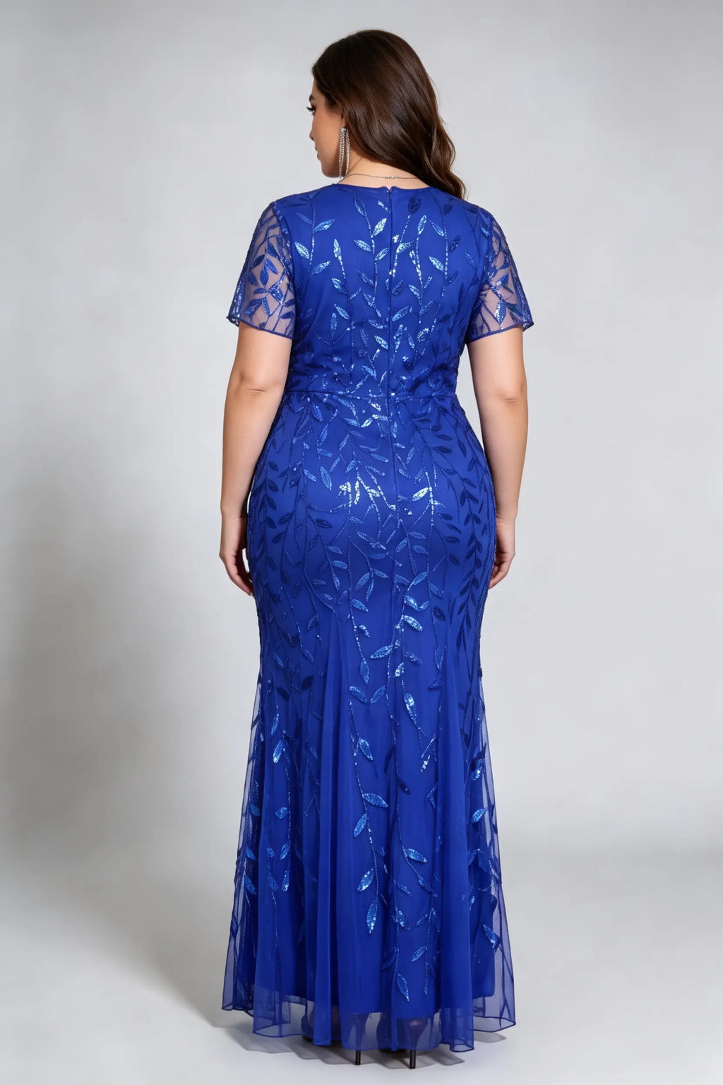 Plus Size Light Blue Sequin Embroidered Mermaid Evening Gown with Short Sleeves