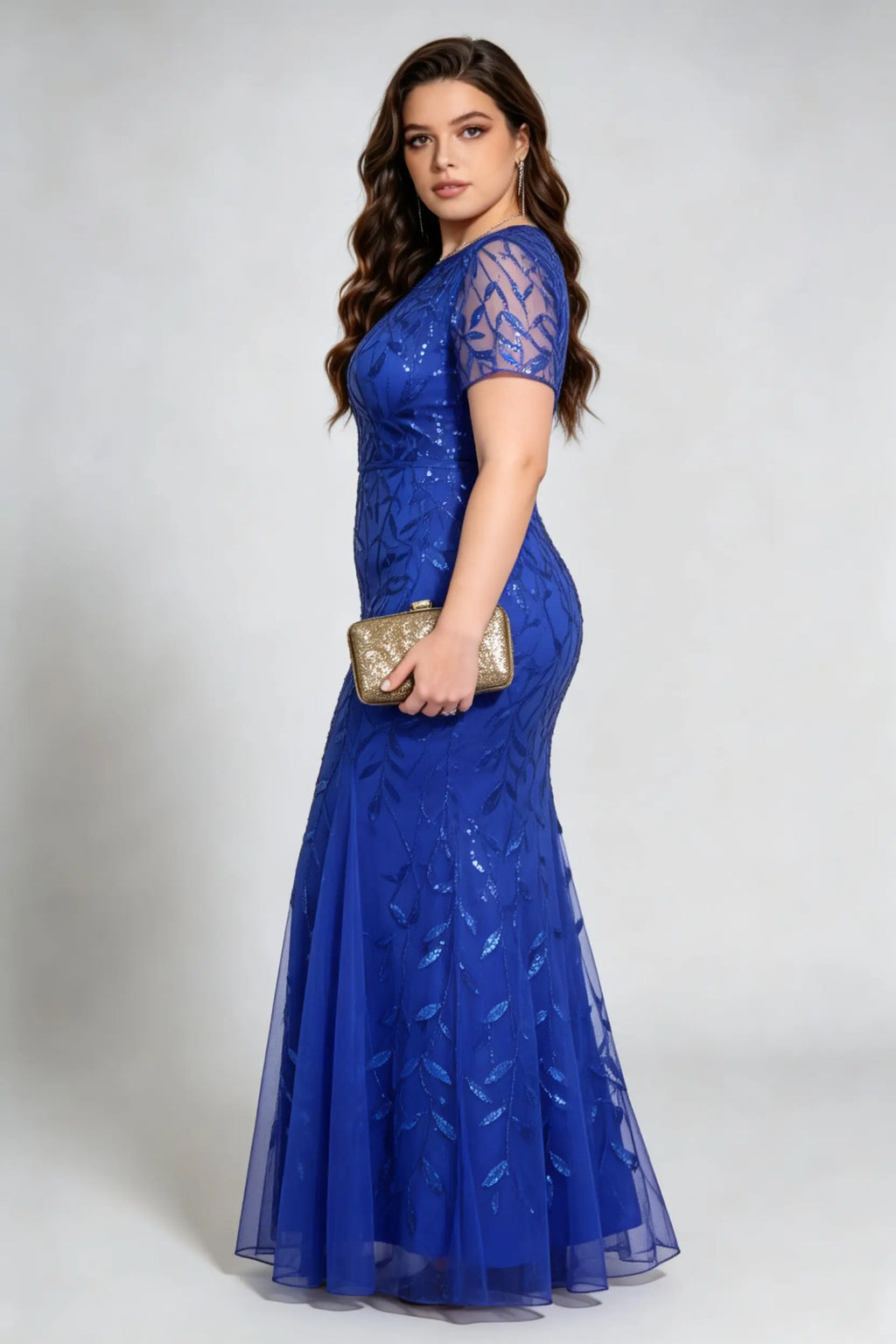 Plus Size Light Blue Sequin Embroidered Mermaid Evening Gown with Short Sleeves