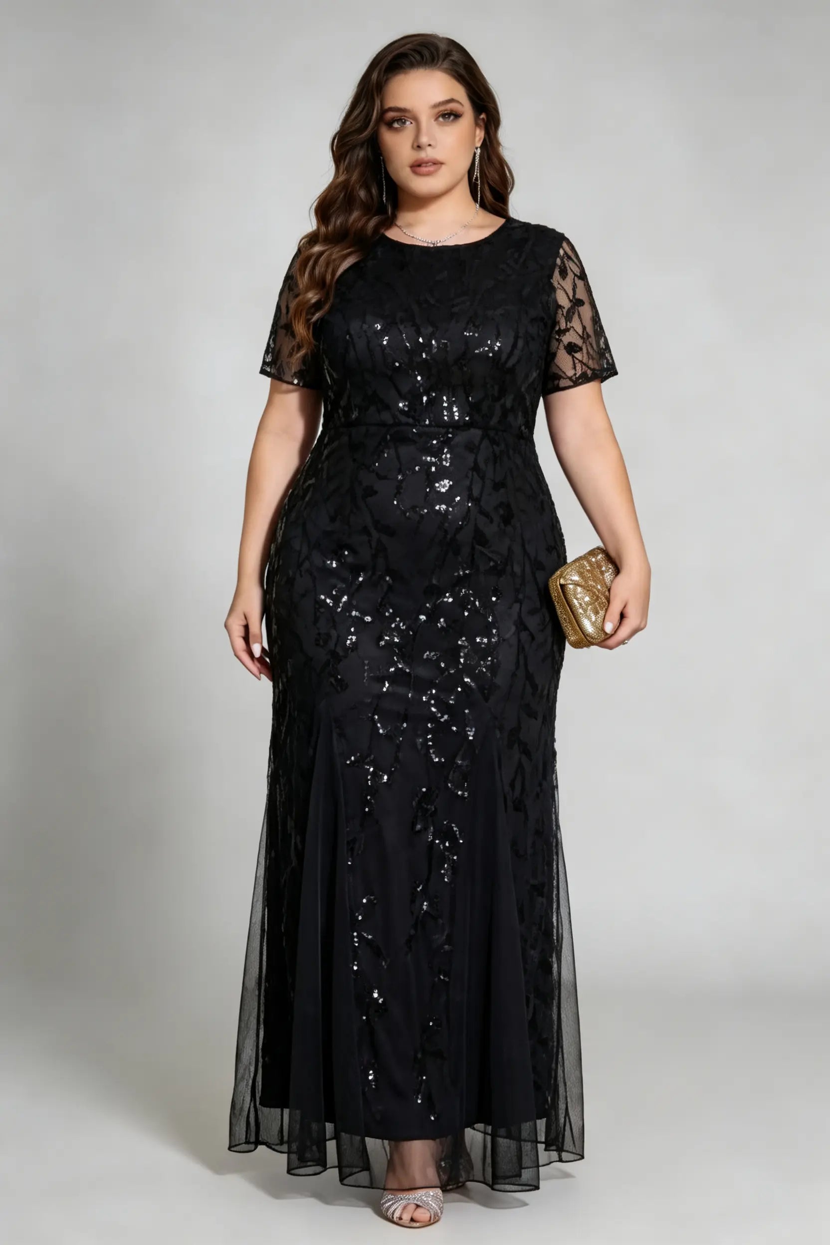 Plus Size Black Sequin Embroidered Mermaid Evening Gown with Short Sleeves