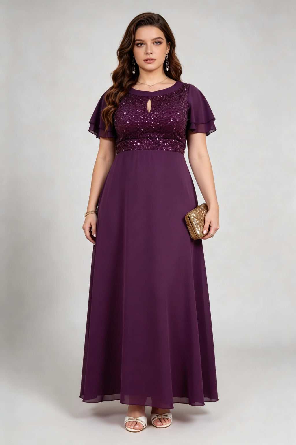 Plus Size Purple Sequin & Chiffon Formal Gown with Flutter Sleeves