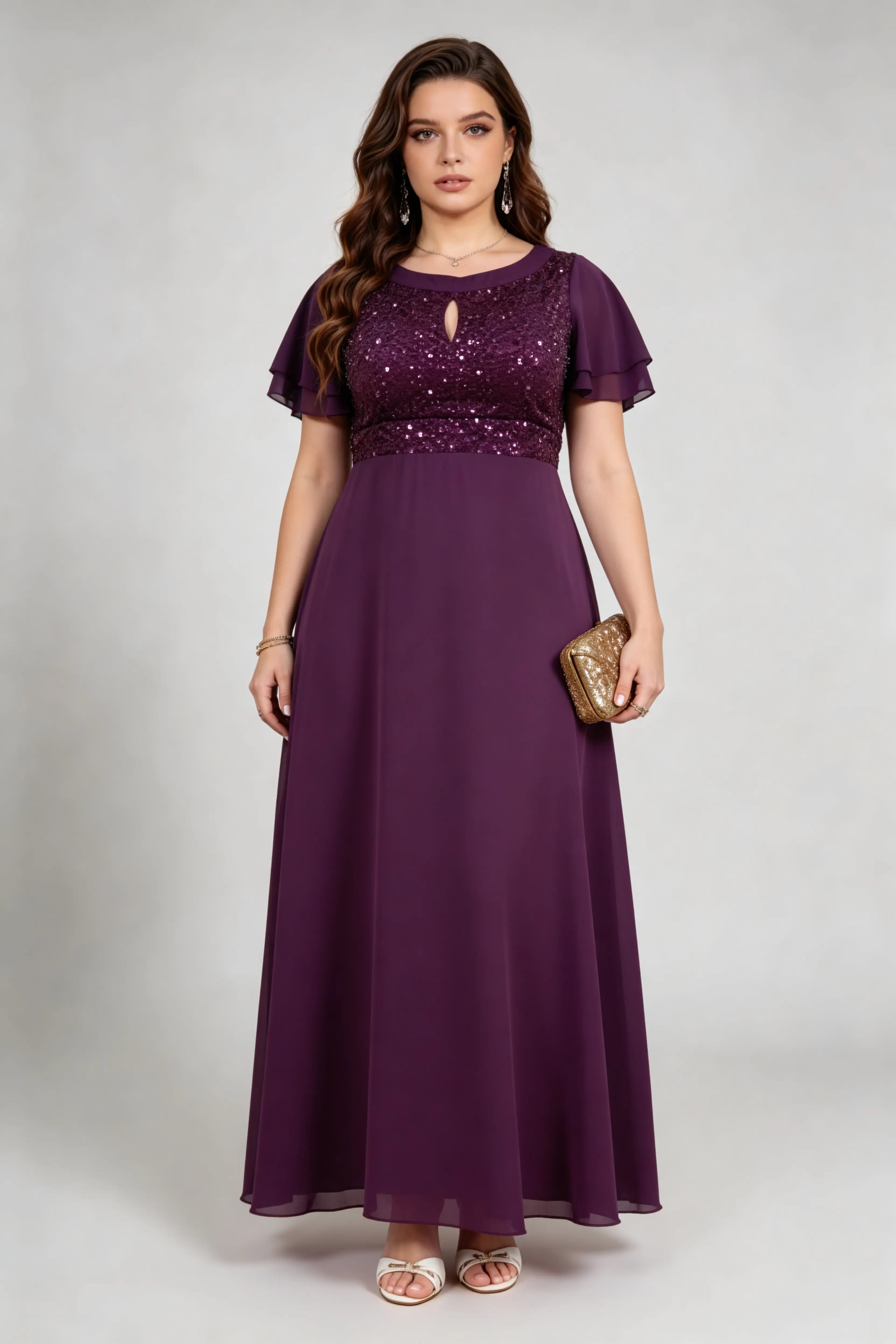 Plus Size Purple Sequin & Chiffon Formal Gown with Flutter Sleeves