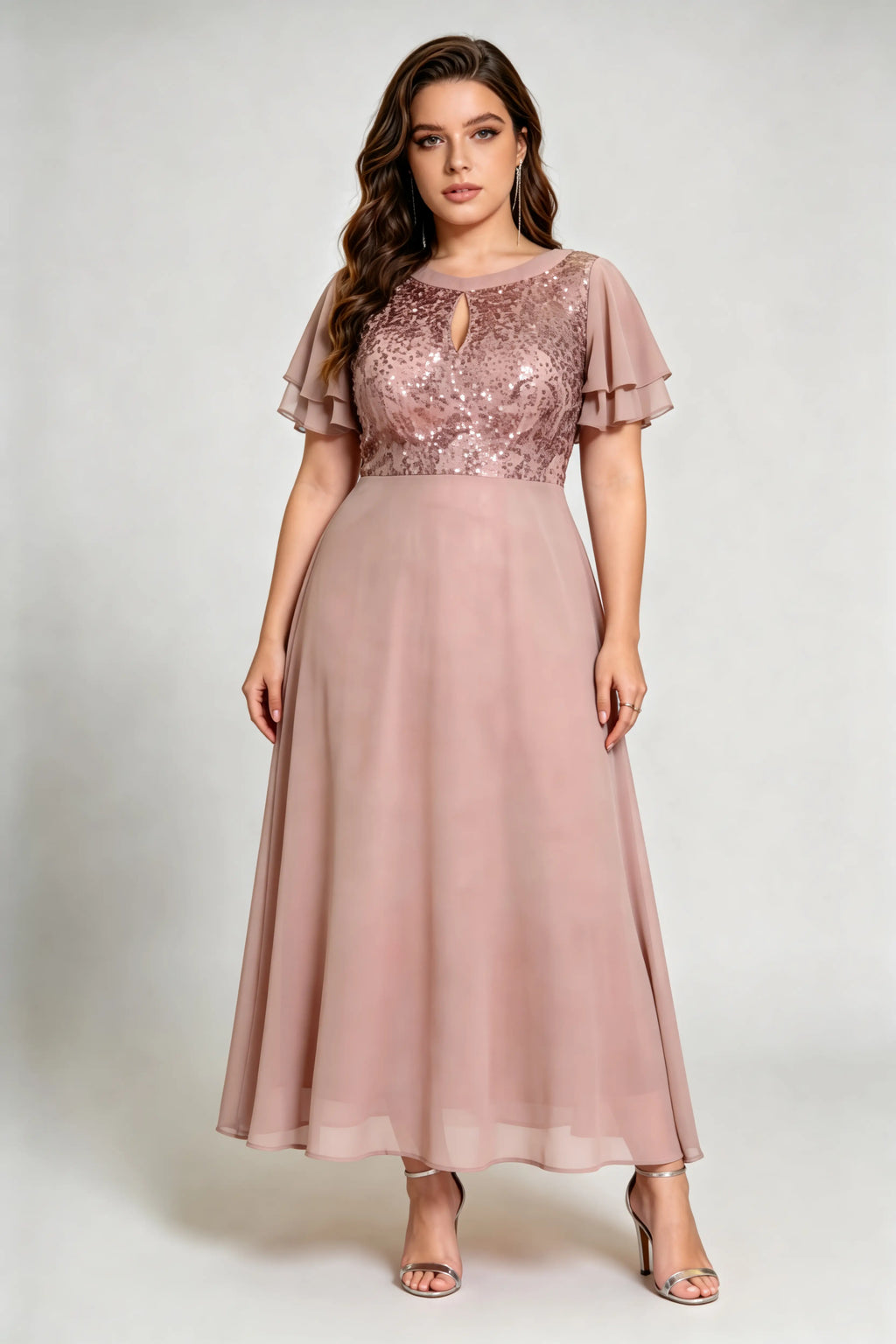 Plus Size Beige Sequin & Chiffon Formal Gown with Flutter Sleeves