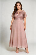Plus Size Beige Sequin & Chiffon Formal Gown with Flutter Sleeves
