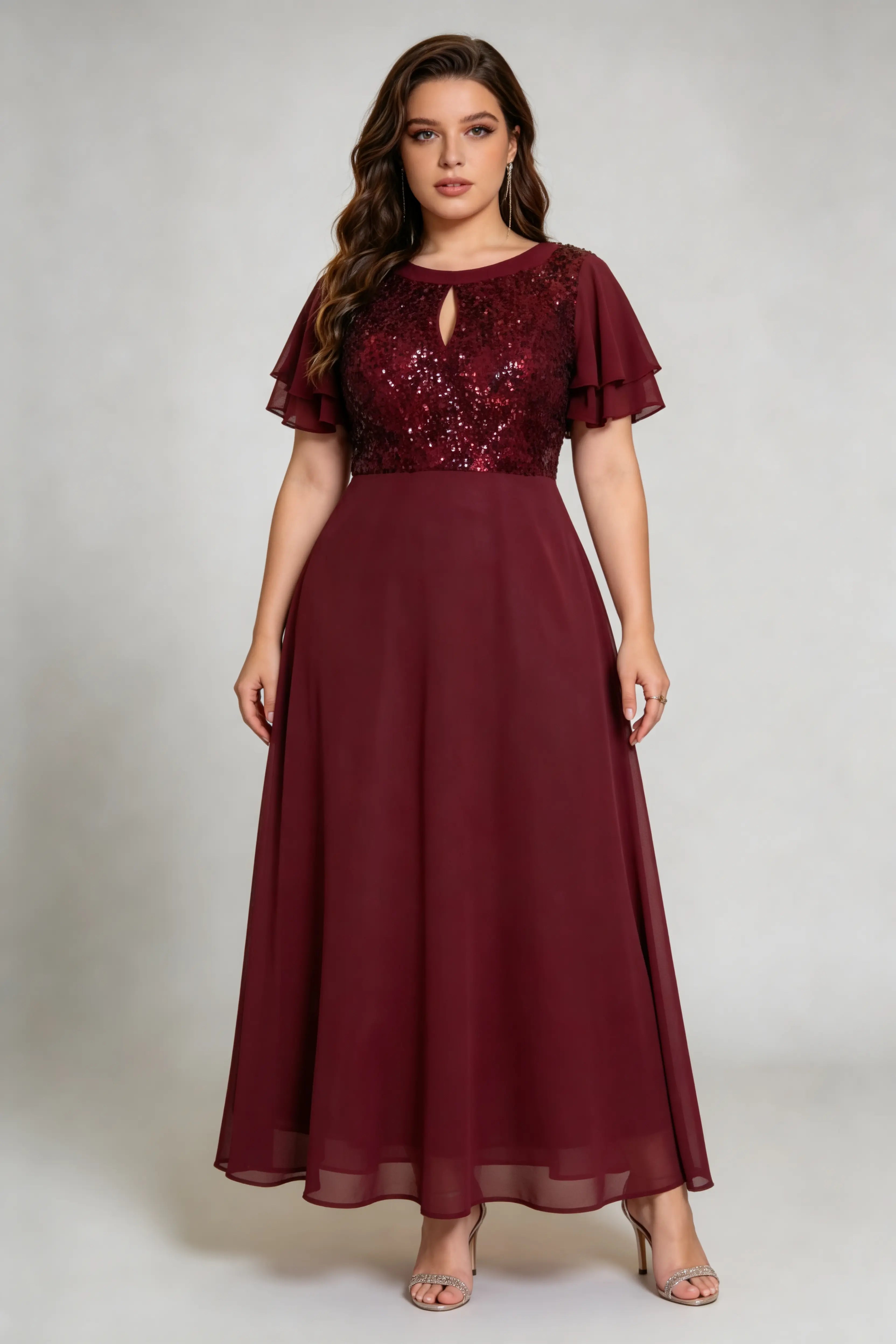 Plus Size Burgundy Sequin & Chiffon Formal Gown with Flutter Sleeves