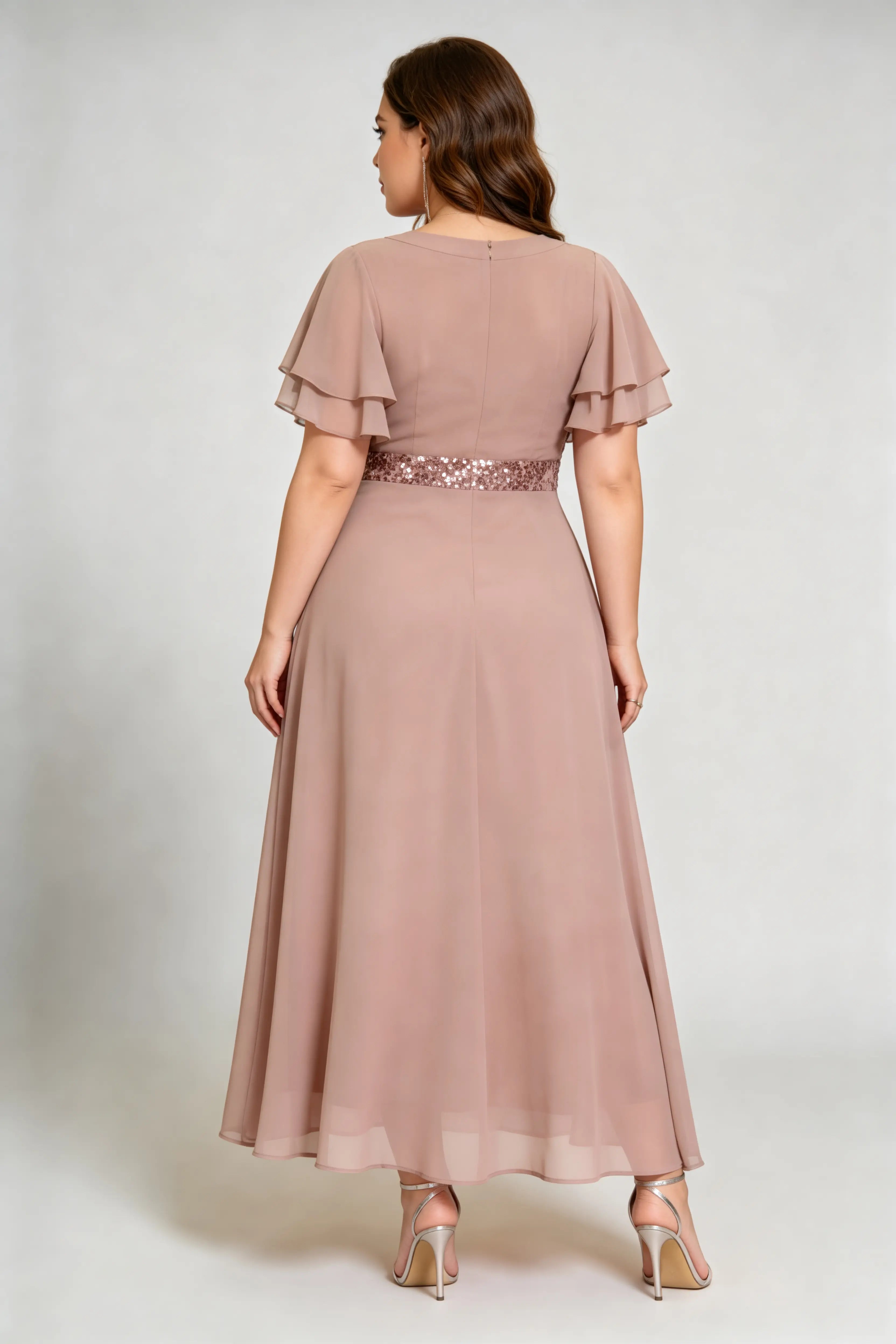 Plus Size Beige Sequin & Chiffon Formal Gown with Flutter Sleeves