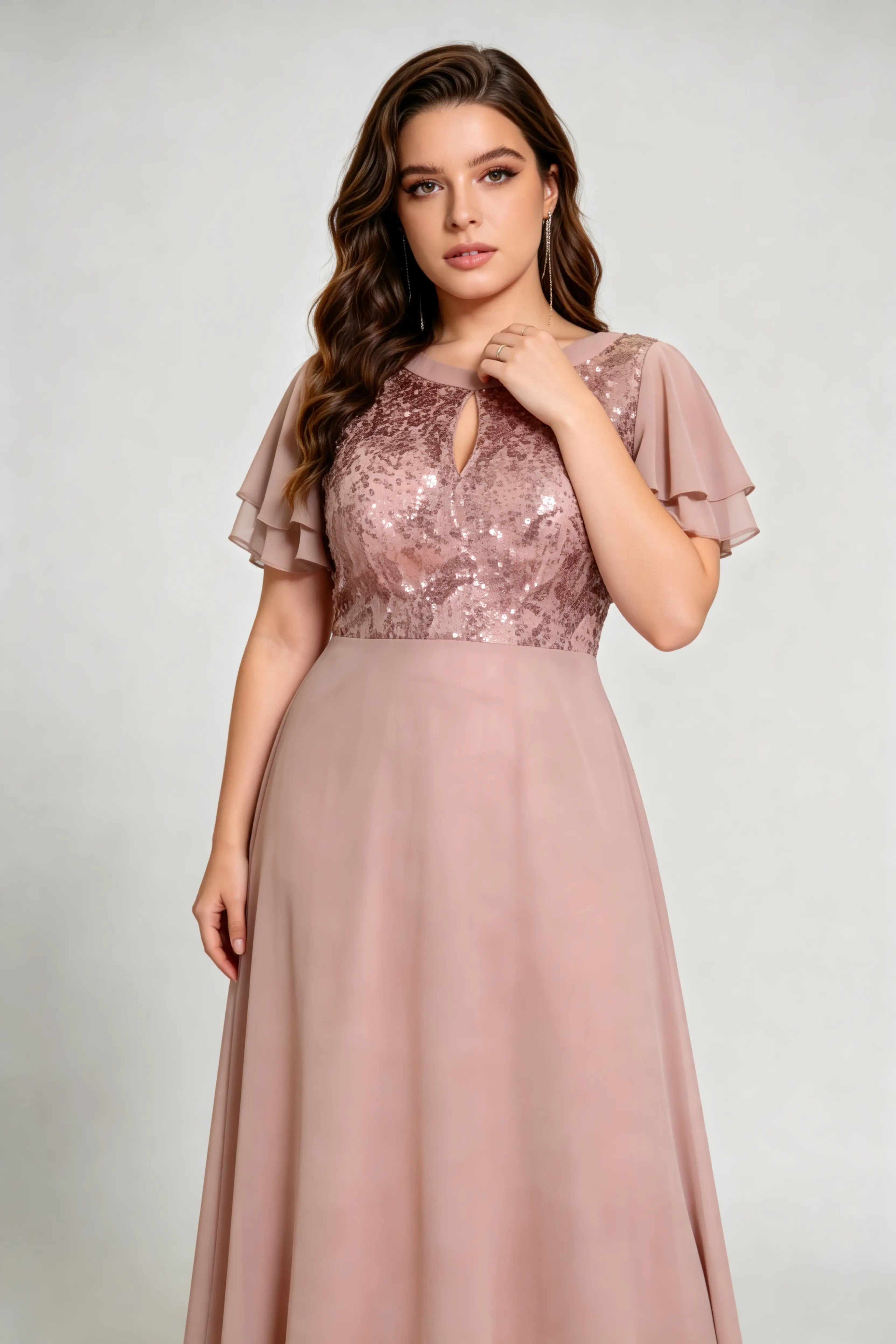 Plus Size Beige Sequin & Chiffon Formal Gown with Flutter Sleeves