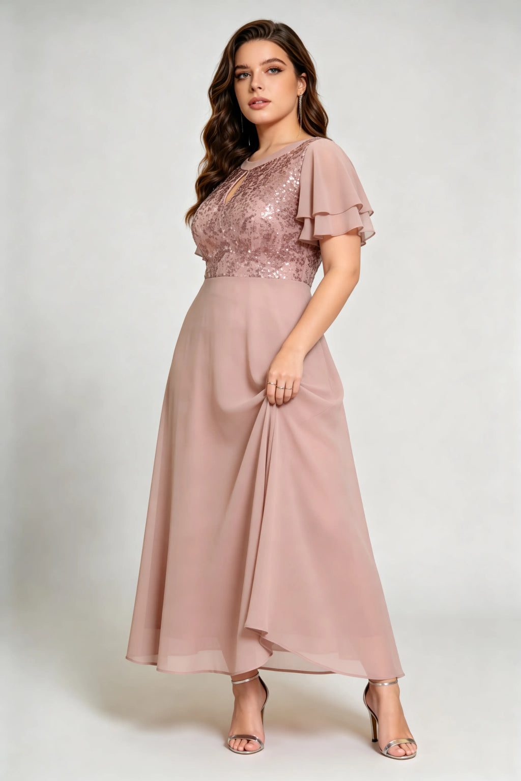 Plus Size Beige Sequin & Chiffon Formal Gown with Flutter Sleeves