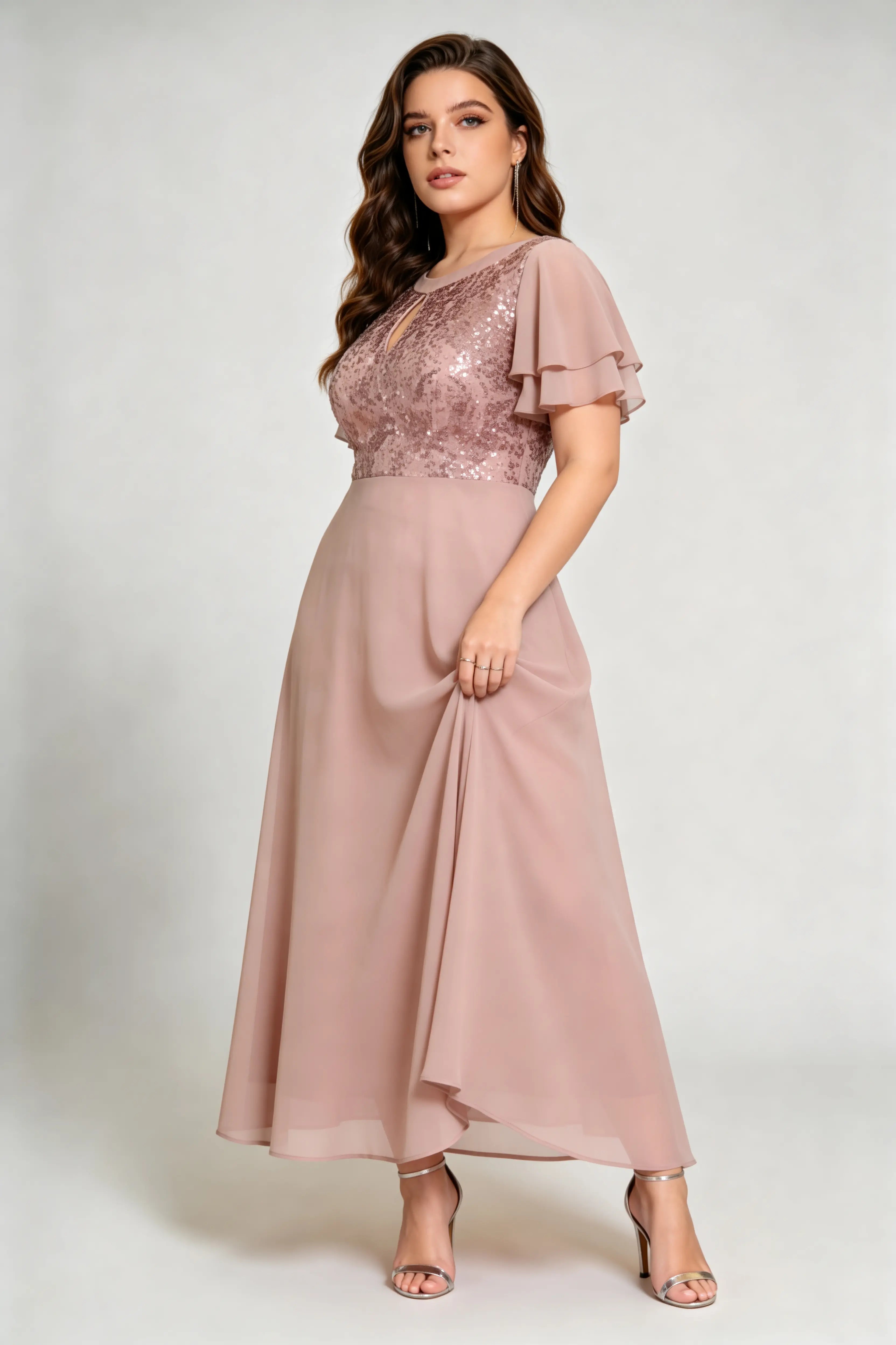 Plus Size Beige Sequin & Chiffon Formal Gown with Flutter Sleeves