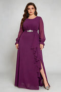 Plus Size Purple Chiffon Long Sleeve Maxi Formal Gown with Ruffle Detail and Slit