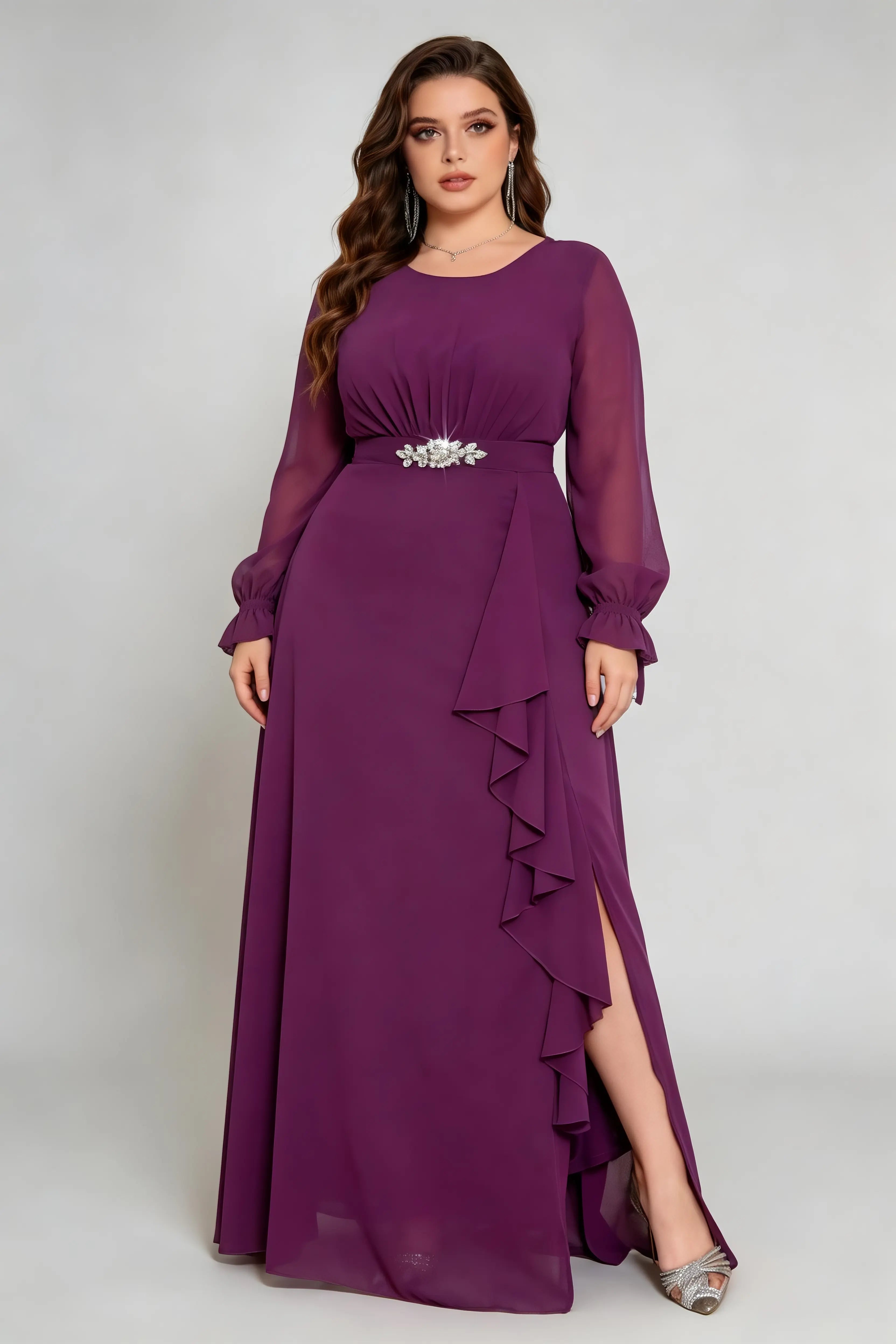 Plus Size Purple Chiffon Long Sleeve Maxi Formal Gown with Ruffle Detail and Slit