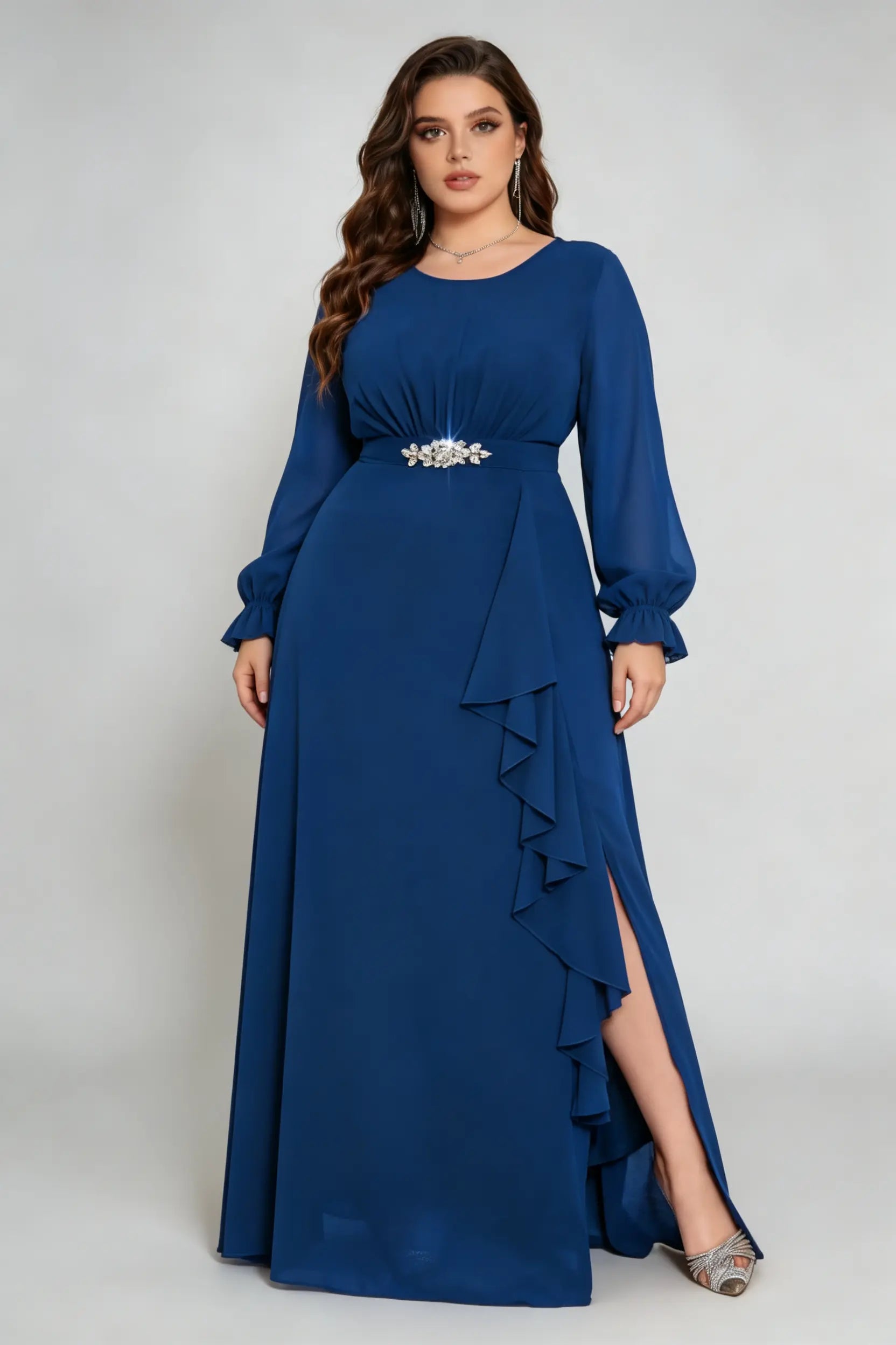 Plus Size Navy Chiffon Long Sleeve Maxi Formal Gown with Ruffle Detail and Slit
