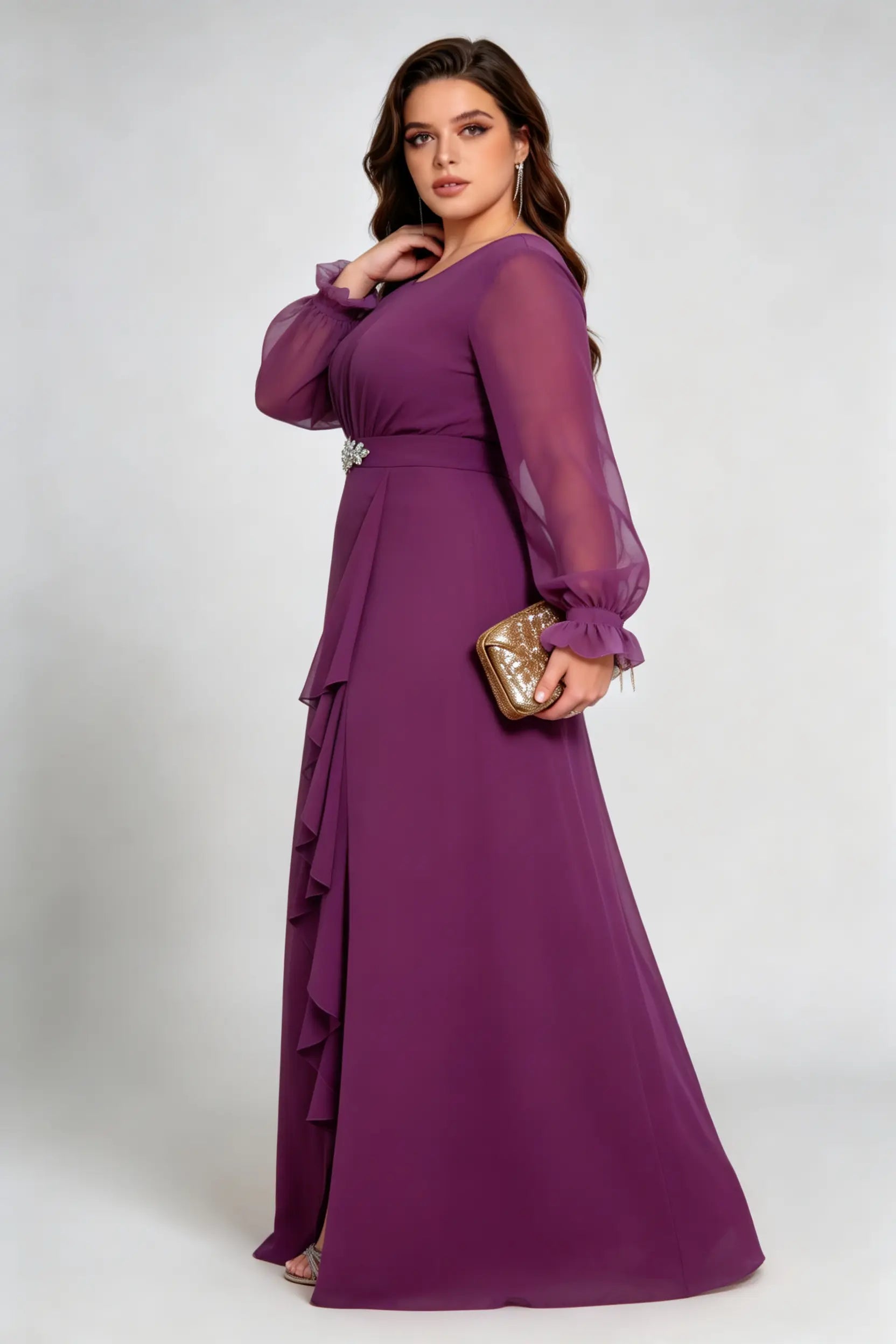 Plus Size Purple Chiffon Long Sleeve Maxi Formal Gown with Ruffle Detail and Slit