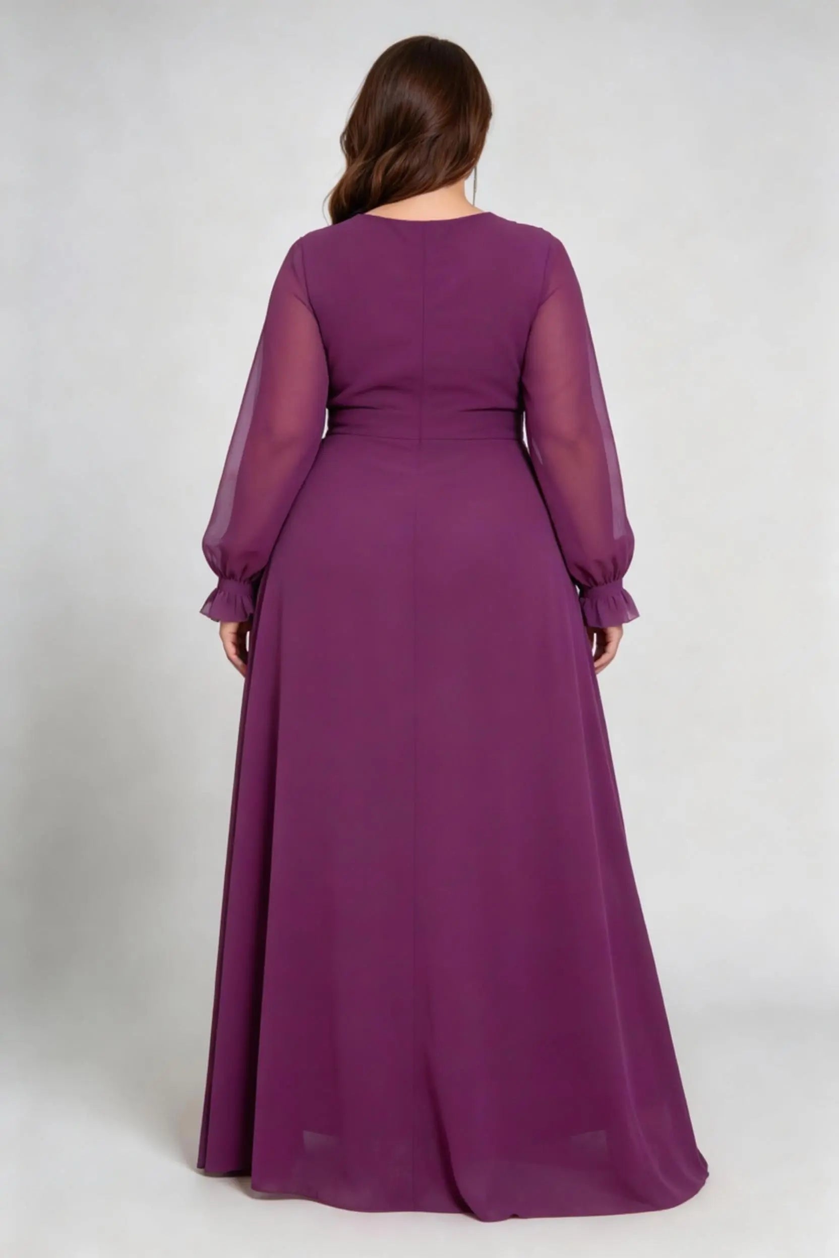 Plus Size Purple Chiffon Long Sleeve Maxi Formal Gown with Ruffle Detail and Slit