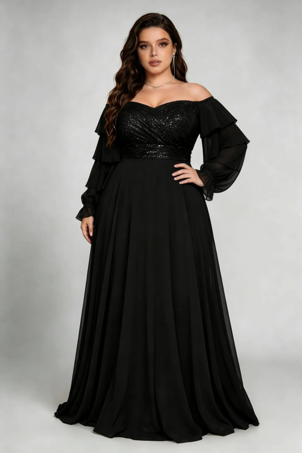 Plus Size Black Off-the-Shoulder Sequin Ruffle Sleeve Chiffon Gown