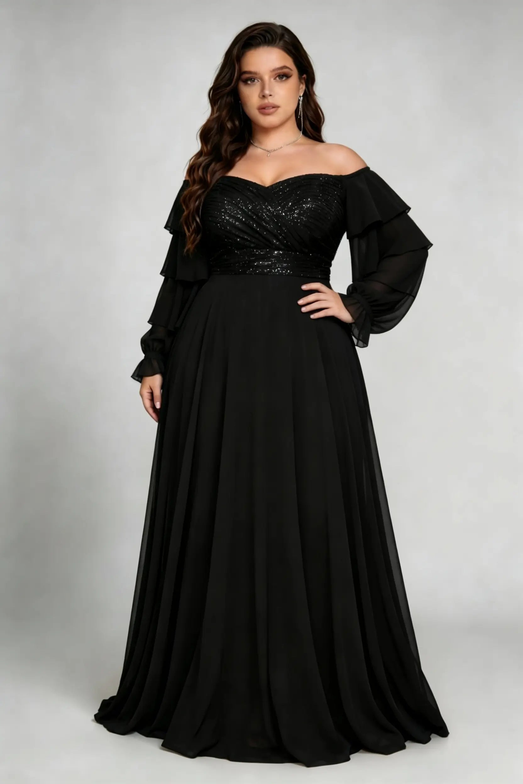 Plus Size Black Off-the-Shoulder Sequin Ruffle Sleeve Chiffon Gown
