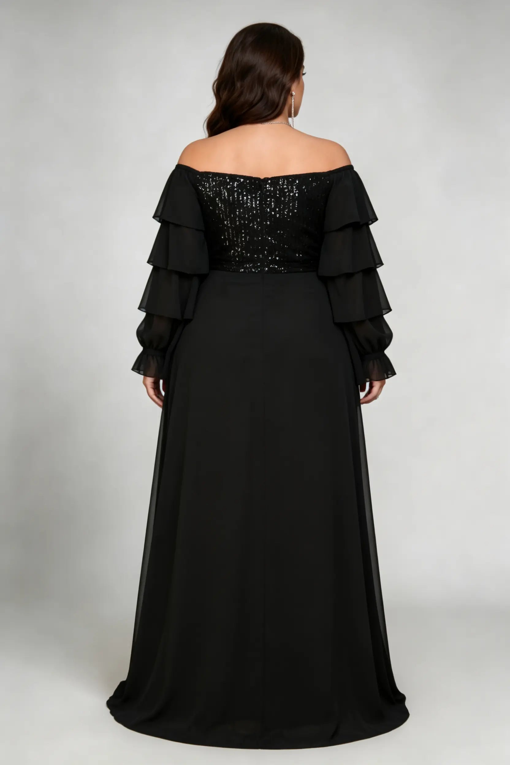 Plus Size Black Off-the-Shoulder Sequin Ruffle Sleeve Chiffon Gown
