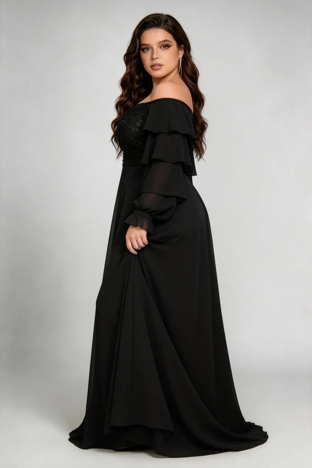 Plus Size Black Off-the-Shoulder Sequin Ruffle Sleeve Chiffon Gown