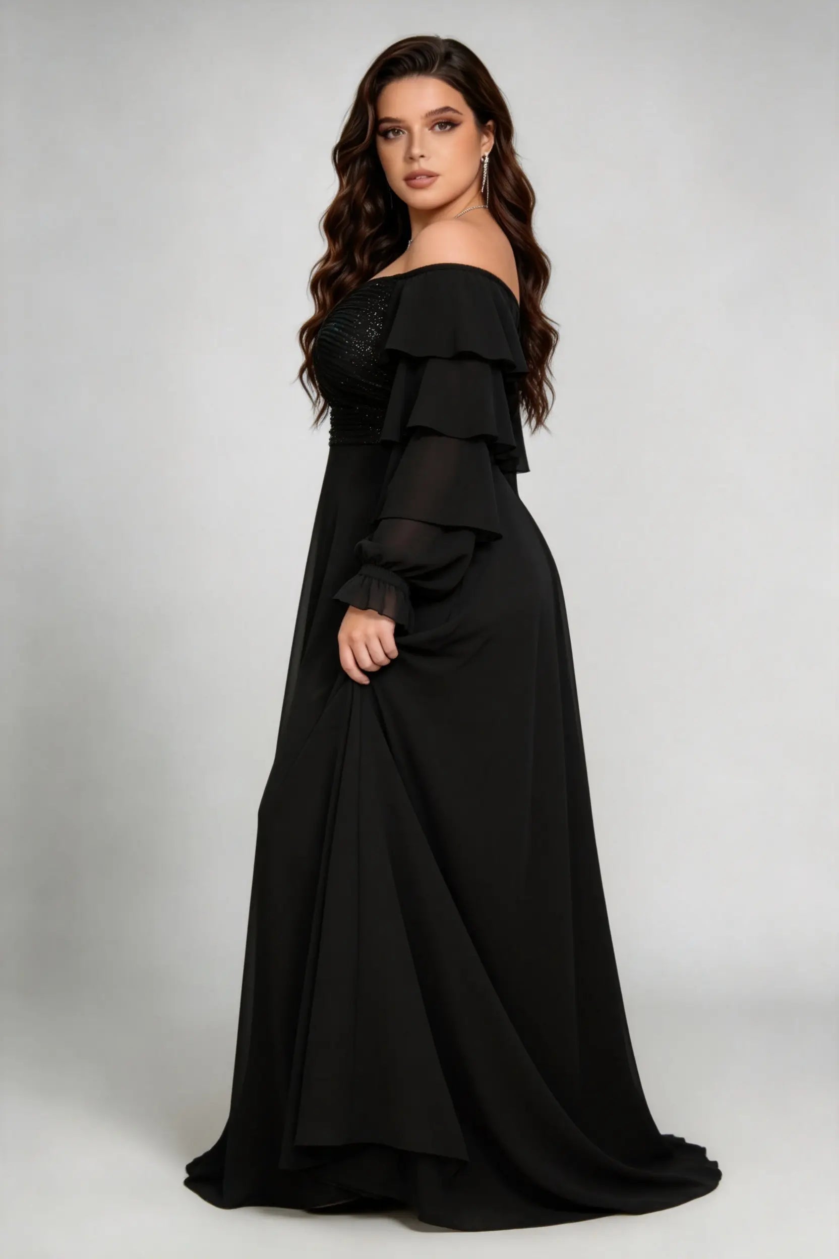 Plus Size Black Off-the-Shoulder Sequin Ruffle Sleeve Chiffon Gown