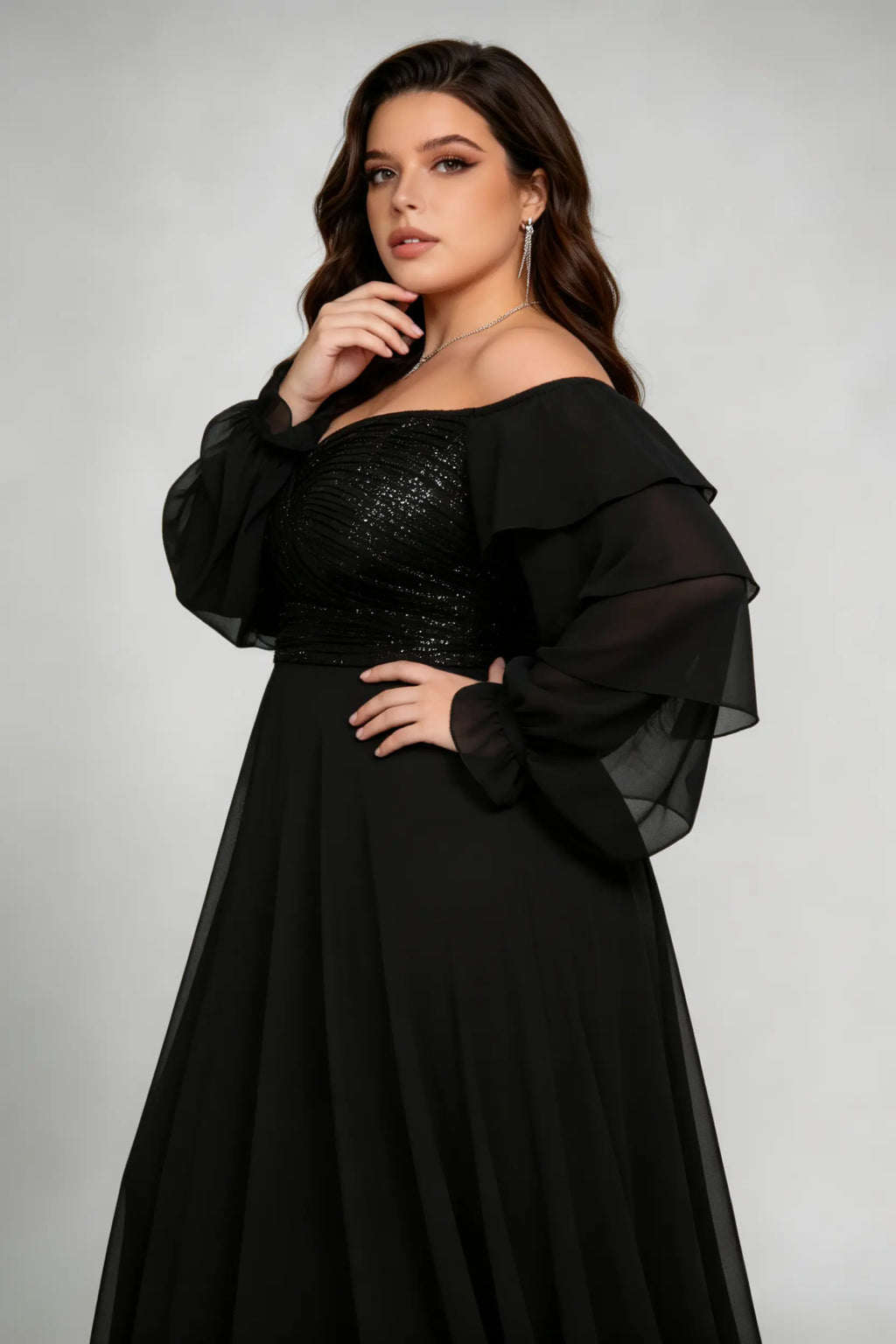 Plus Size Black Off-the-Shoulder Sequin Ruffle Sleeve Chiffon Gown