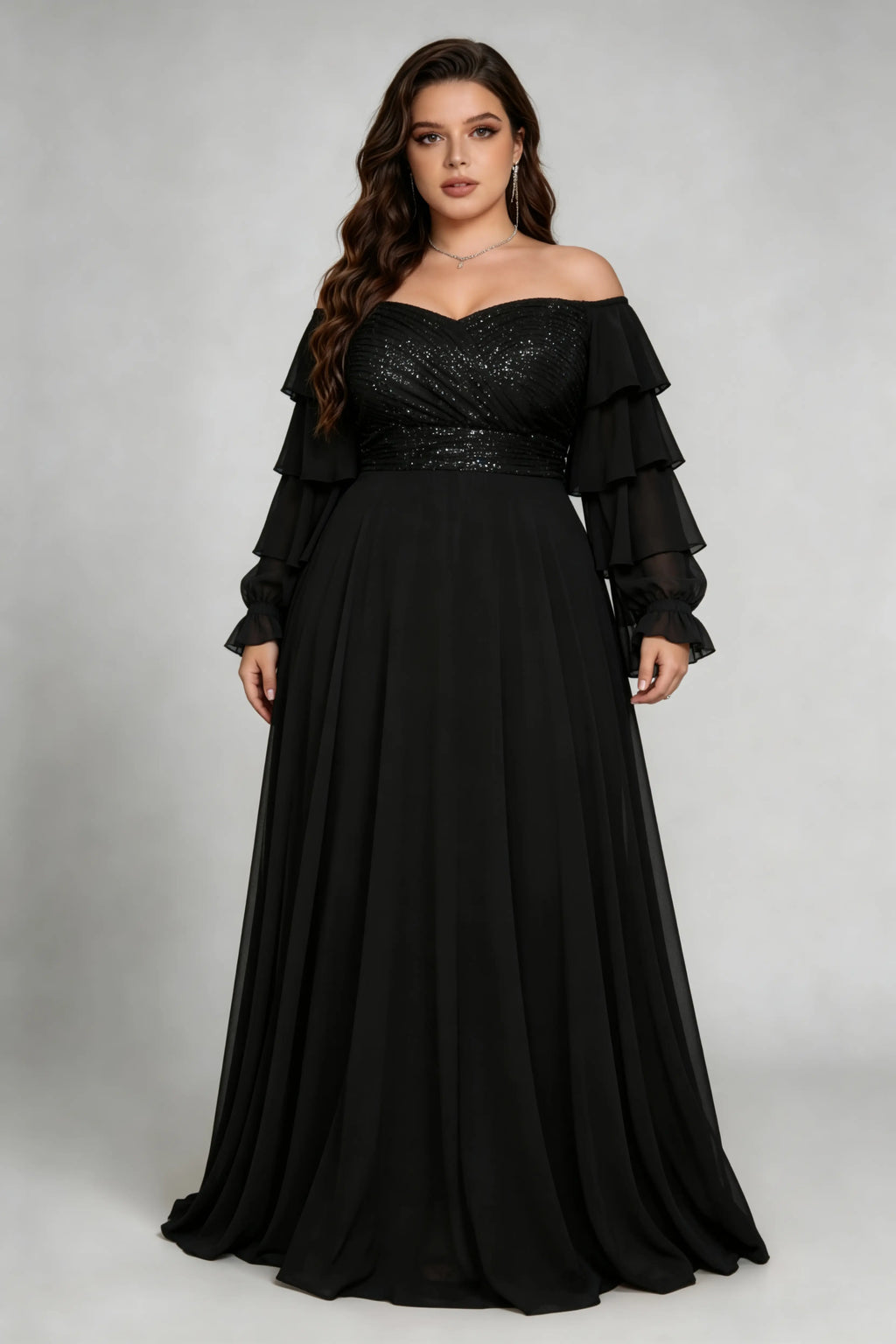Plus Size Black Off-the-Shoulder Sequin Ruffle Sleeve Chiffon Gown