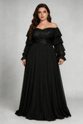 Plus Size Black Off-the-Shoulder Sequin Ruffle Sleeve Chiffon Gown