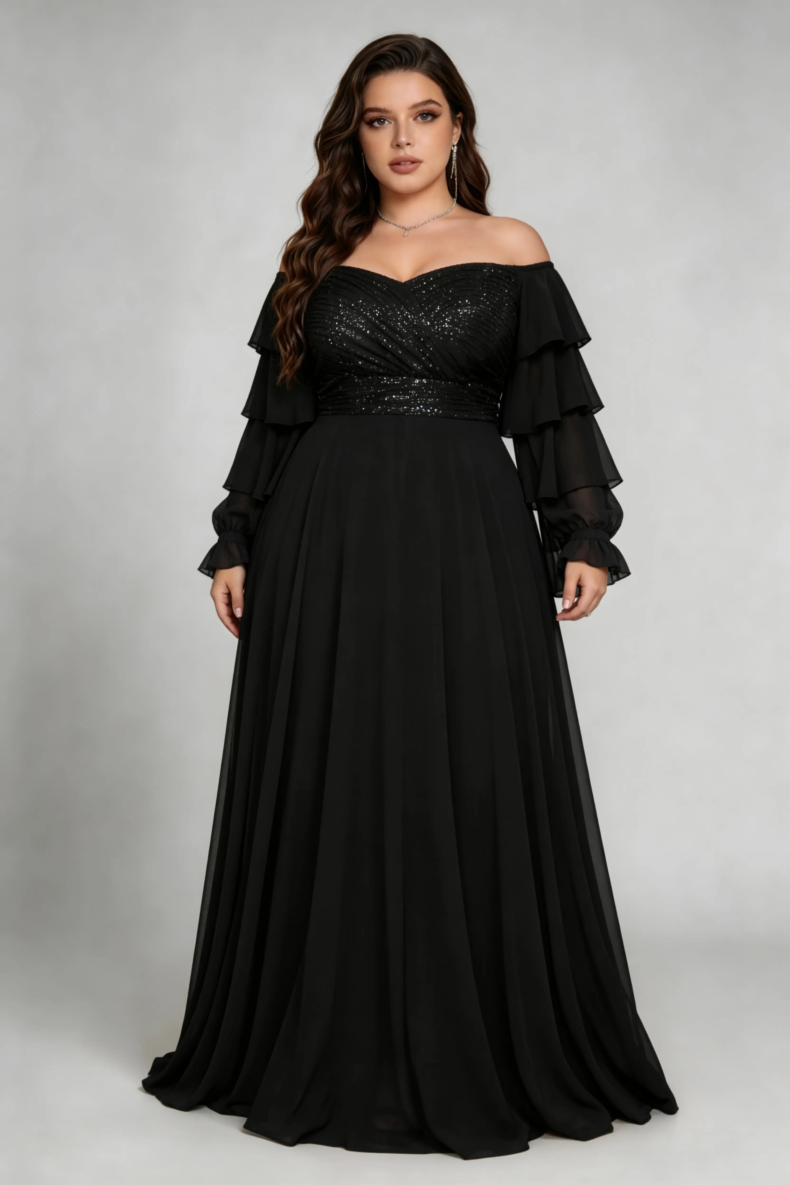Plus Size Black Off-the-Shoulder Sequin Ruffle Sleeve Chiffon Gown
