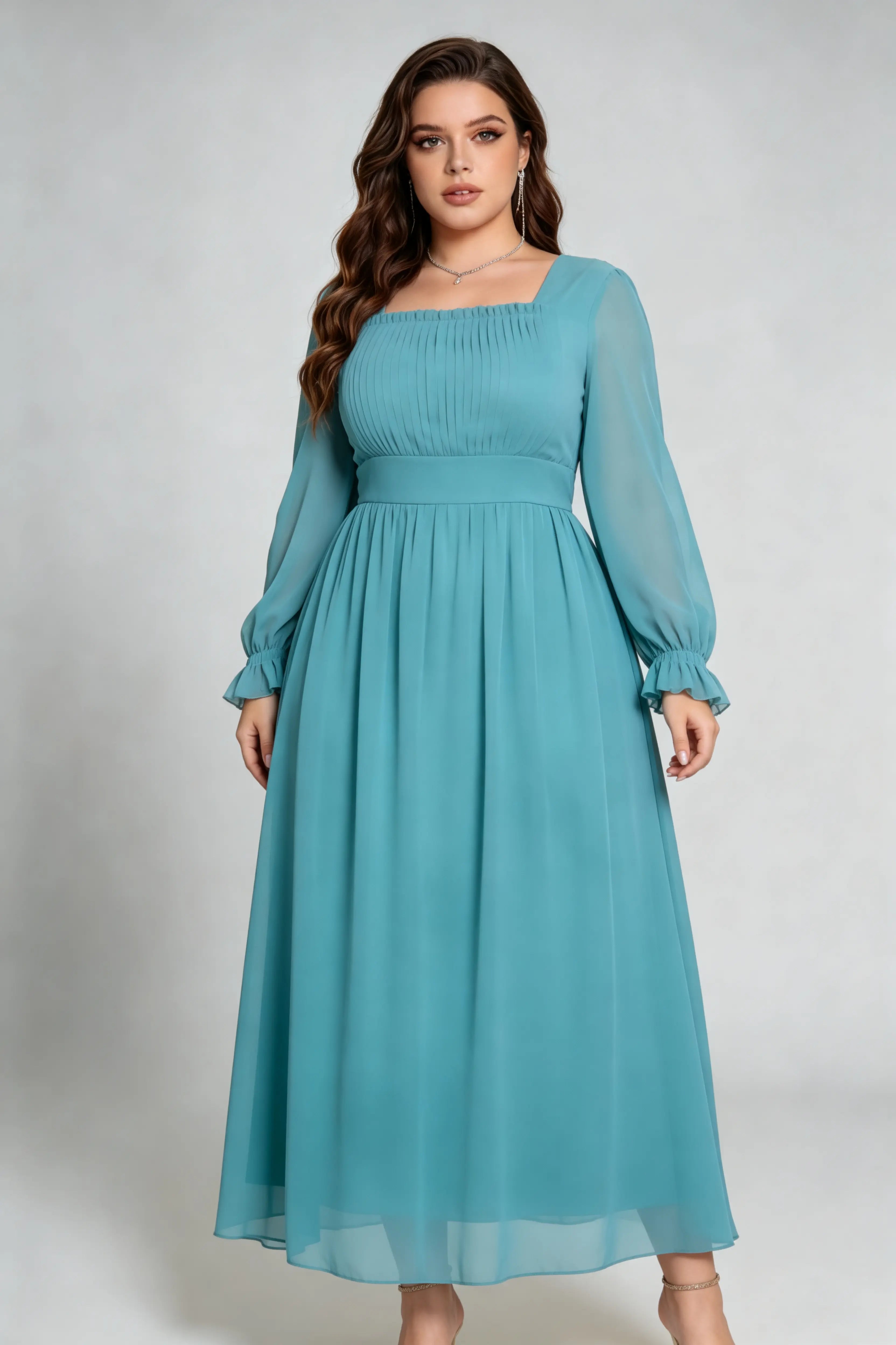 Plus Size Teal Elegant Square Neck Chiffon Maxi Dress with Long Ruffled Sleeves