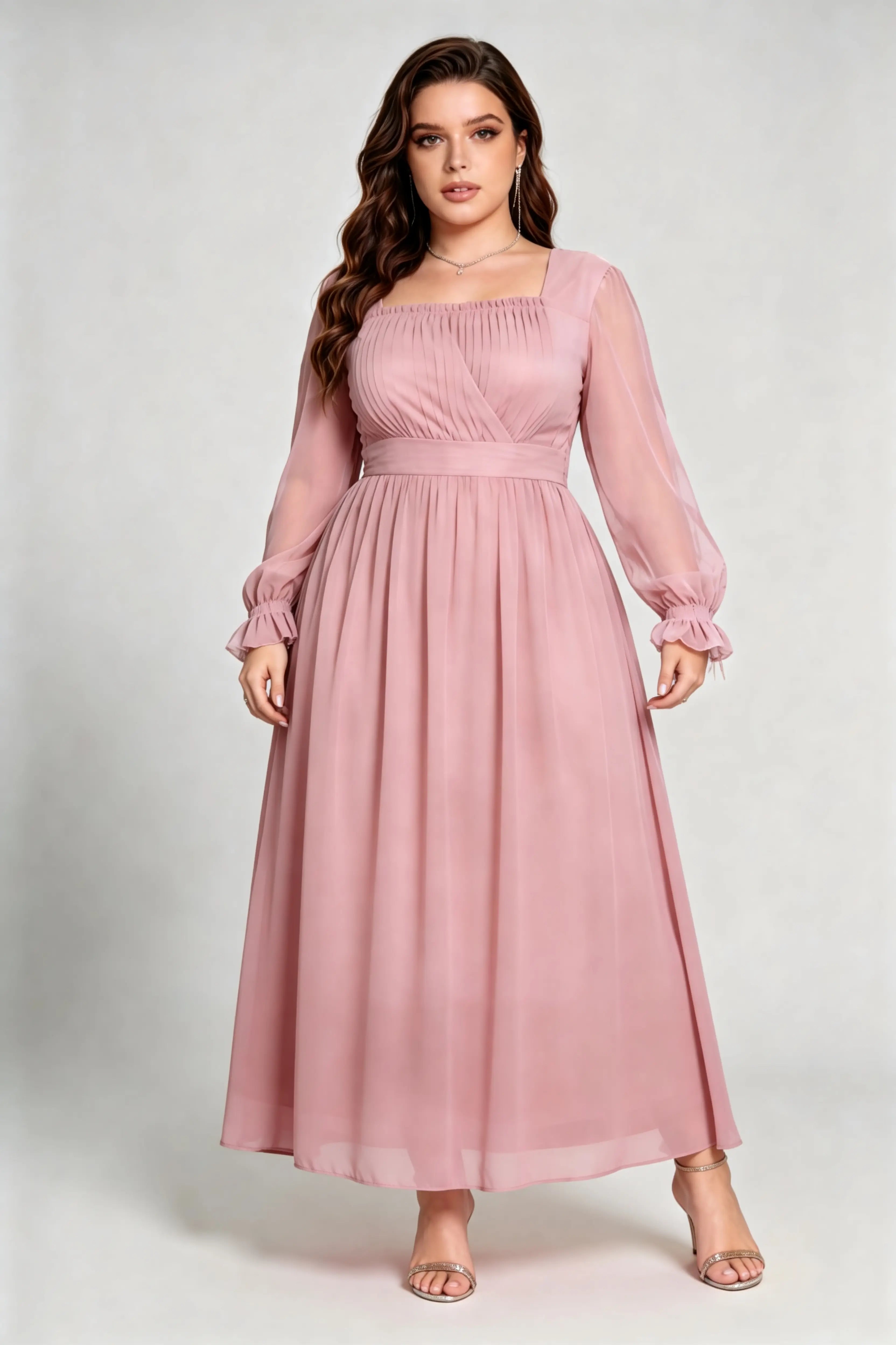 Plus Size Pink Elegant Square Neck Chiffon Maxi Dress with Long Ruffled Sleeves