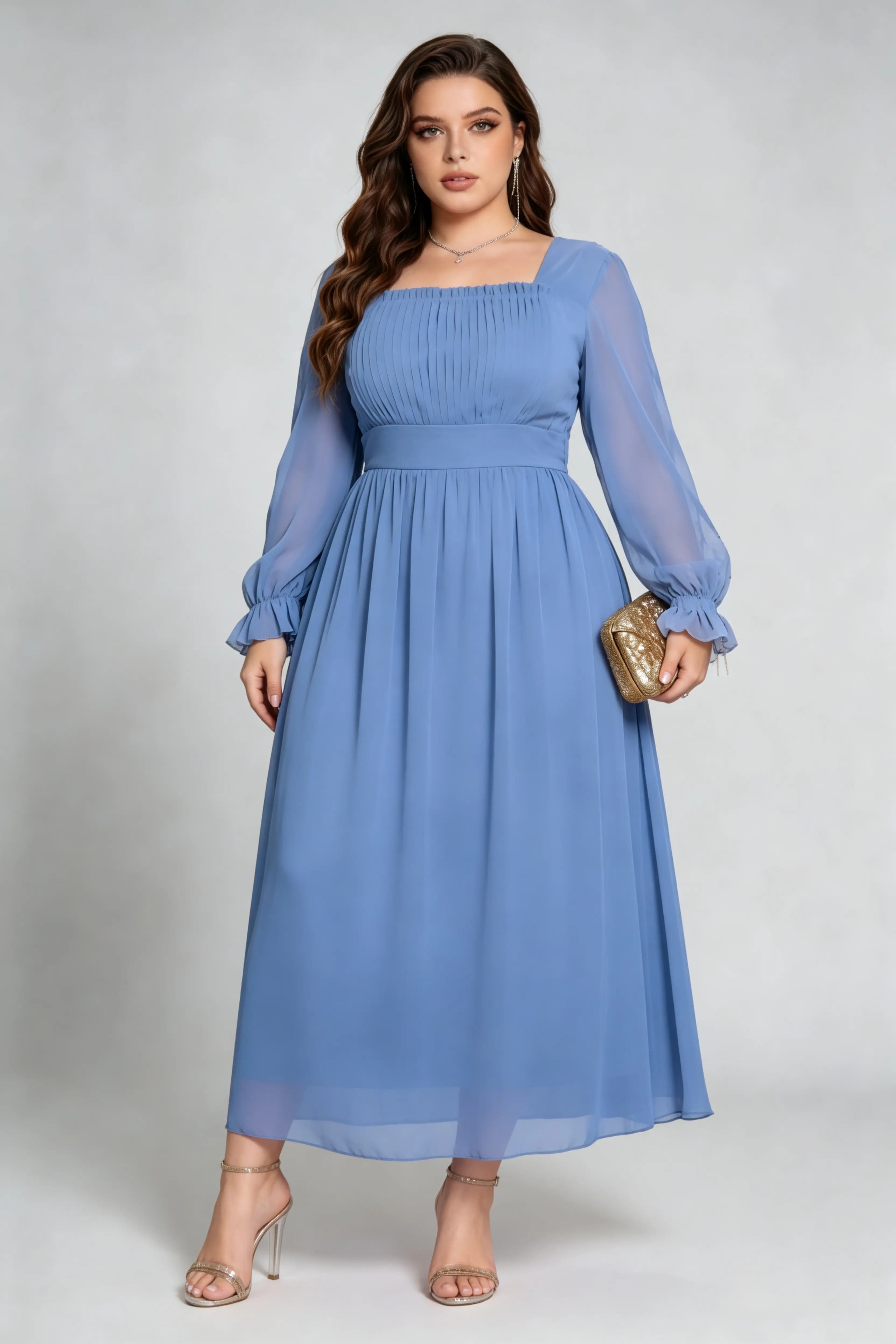 Plus Size Light Blue Elegant Square Neck Chiffon Maxi Dress with Long Ruffled Sleeves