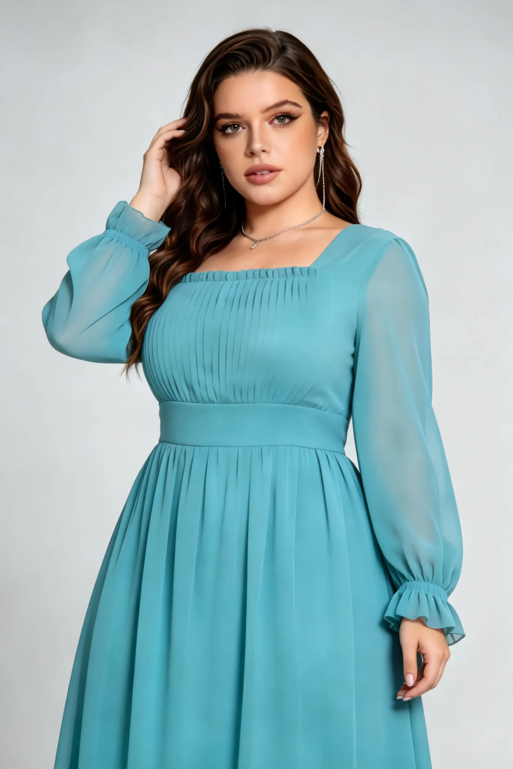 Plus Size Teal Elegant Square Neck Chiffon Maxi Dress with Long Ruffled Sleeves