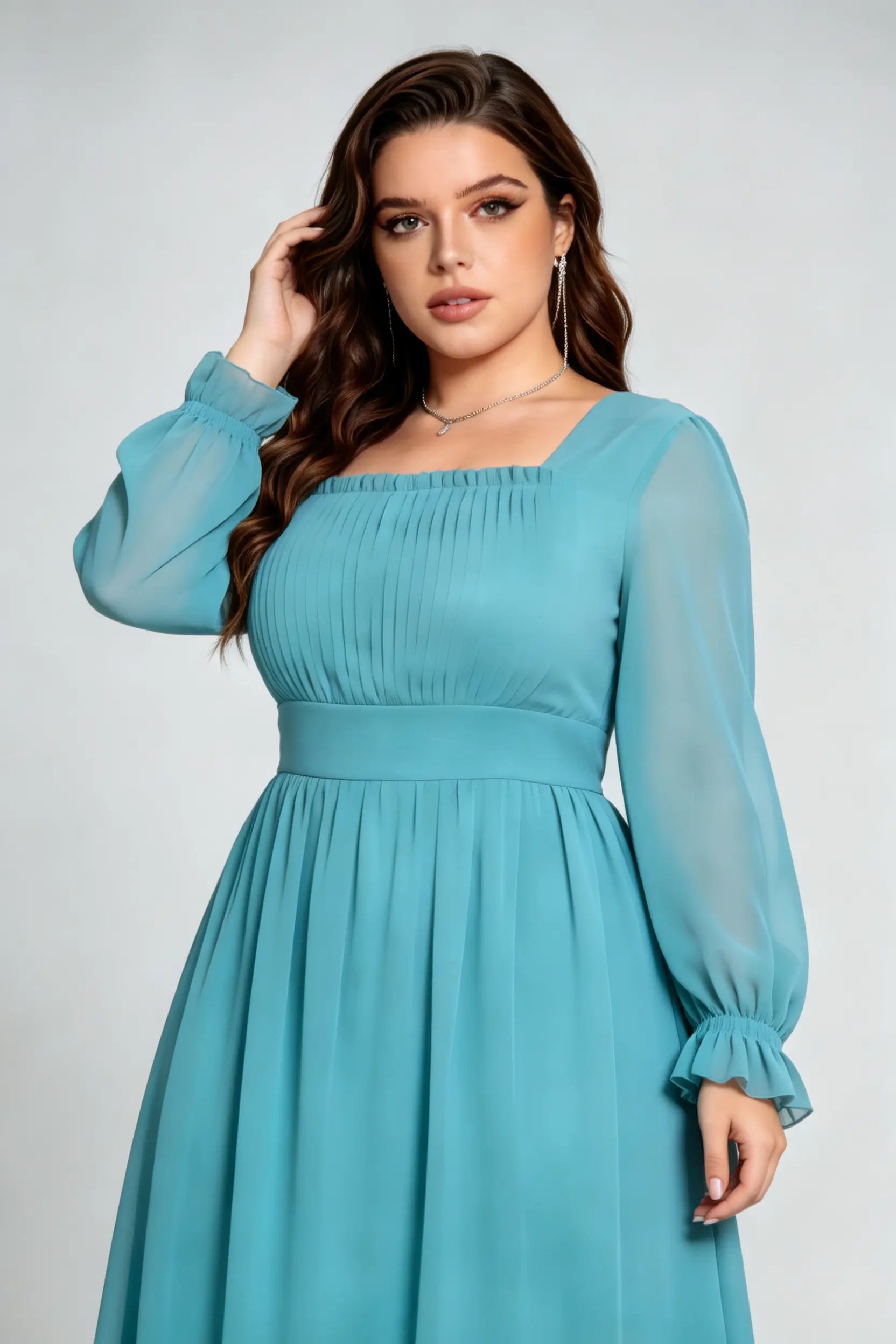 Plus Size Teal Elegant Square Neck Chiffon Maxi Dress with Long Ruffled Sleeves