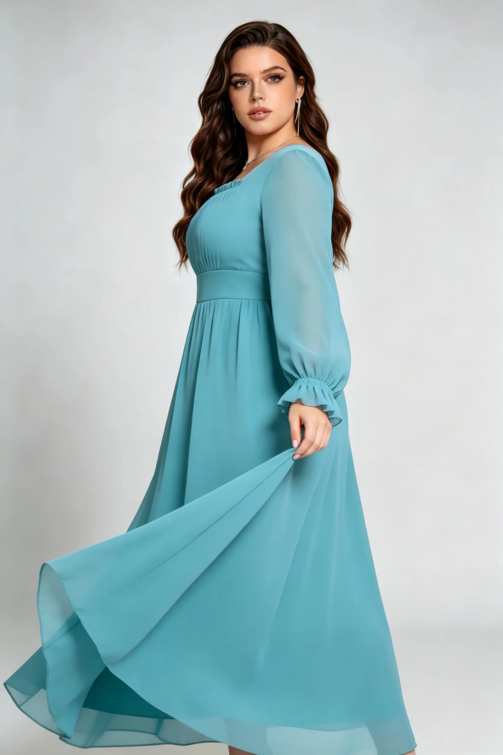 Plus Size Teal Elegant Square Neck Chiffon Maxi Dress with Long Ruffled Sleeves