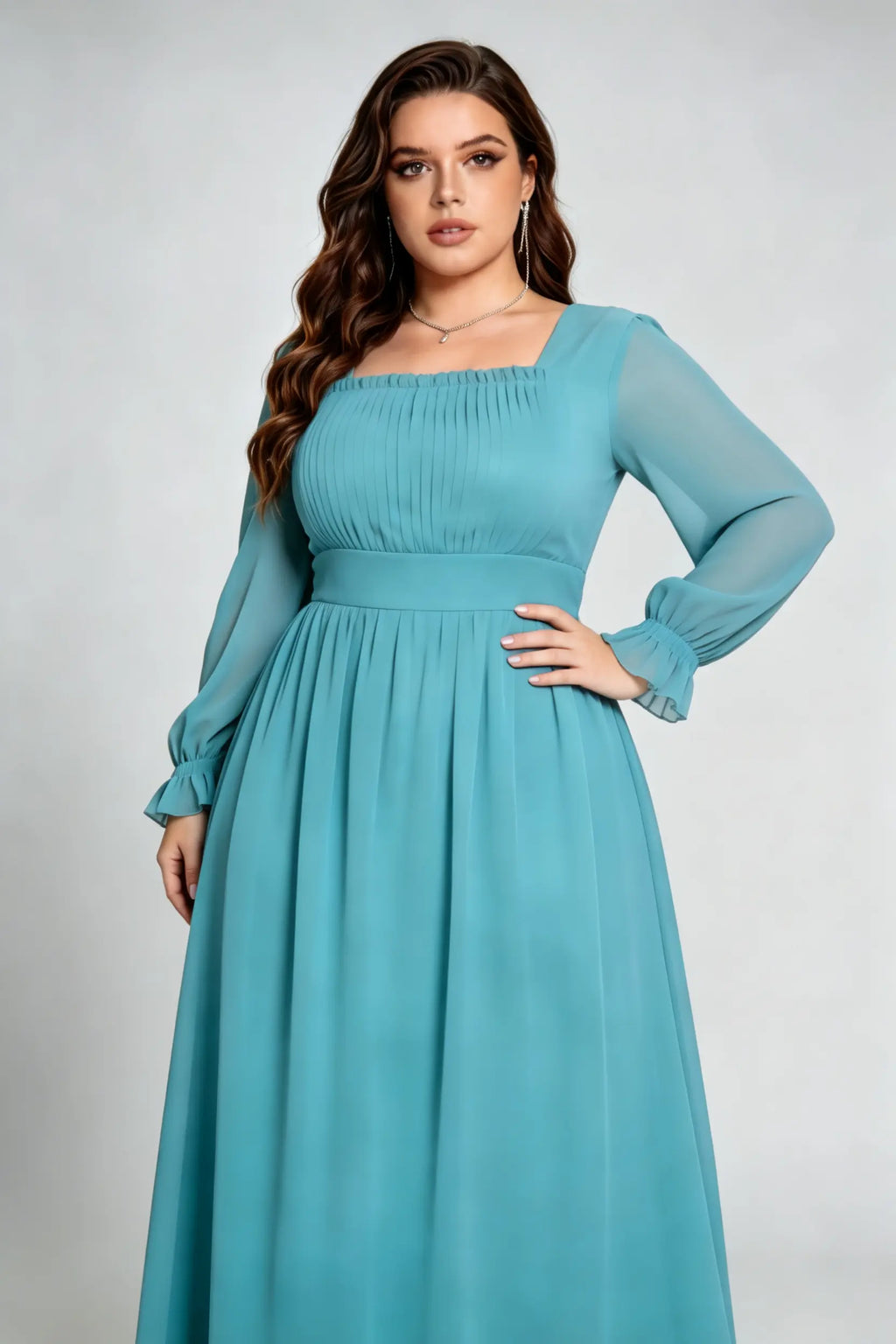 Plus Size Teal Elegant Square Neck Chiffon Maxi Dress with Long Ruffled Sleeves