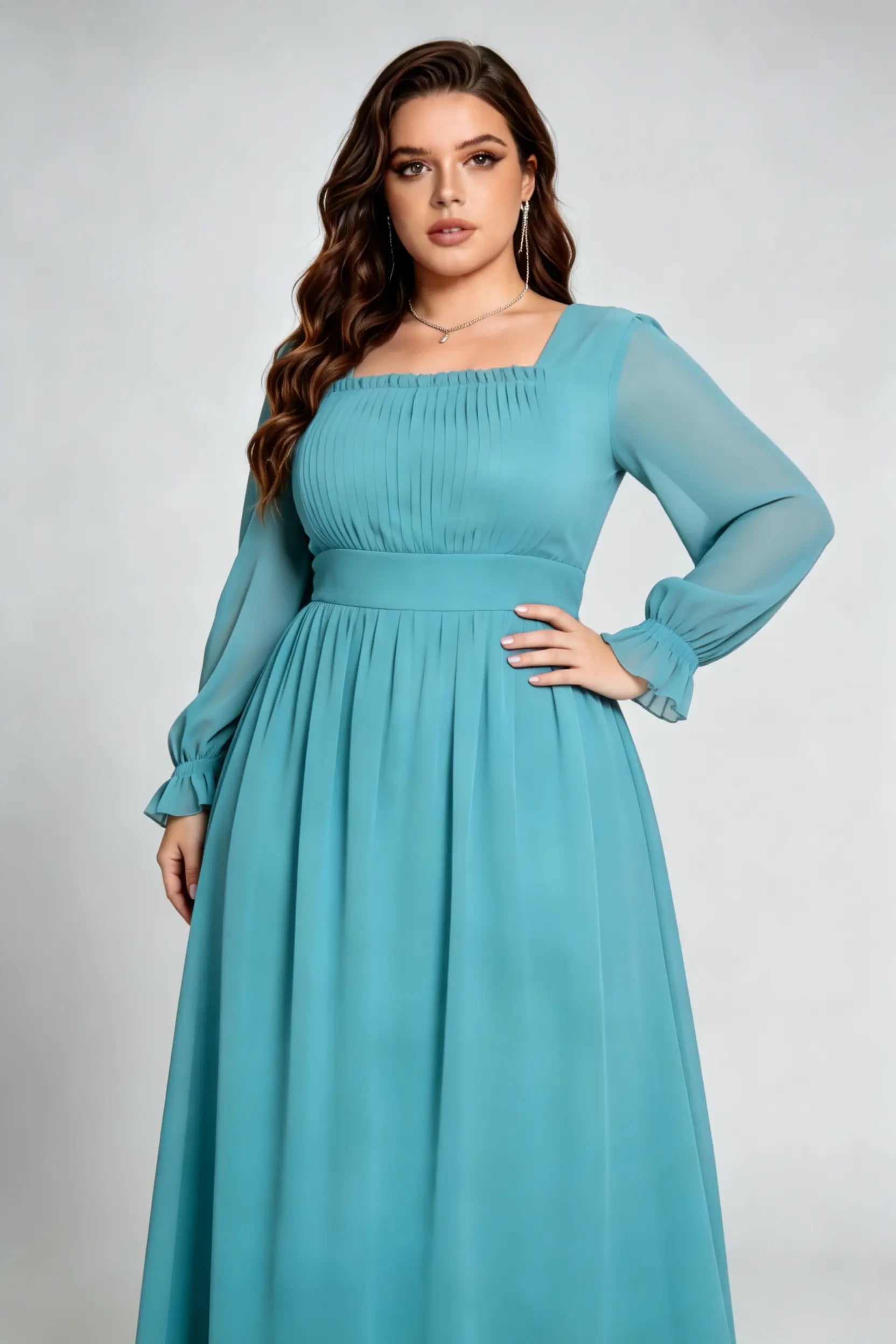 Plus Size Teal Elegant Square Neck Chiffon Maxi Dress with Long Ruffled Sleeves