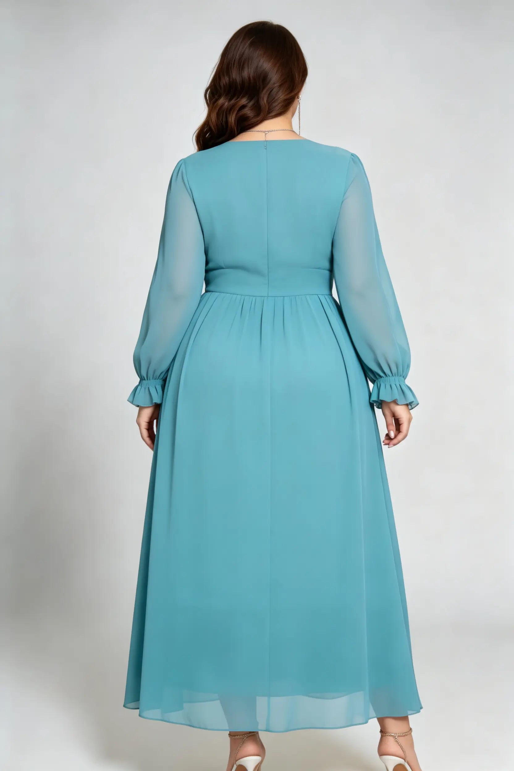 Plus Size Teal Elegant Square Neck Chiffon Maxi Dress with Long Ruffled Sleeves