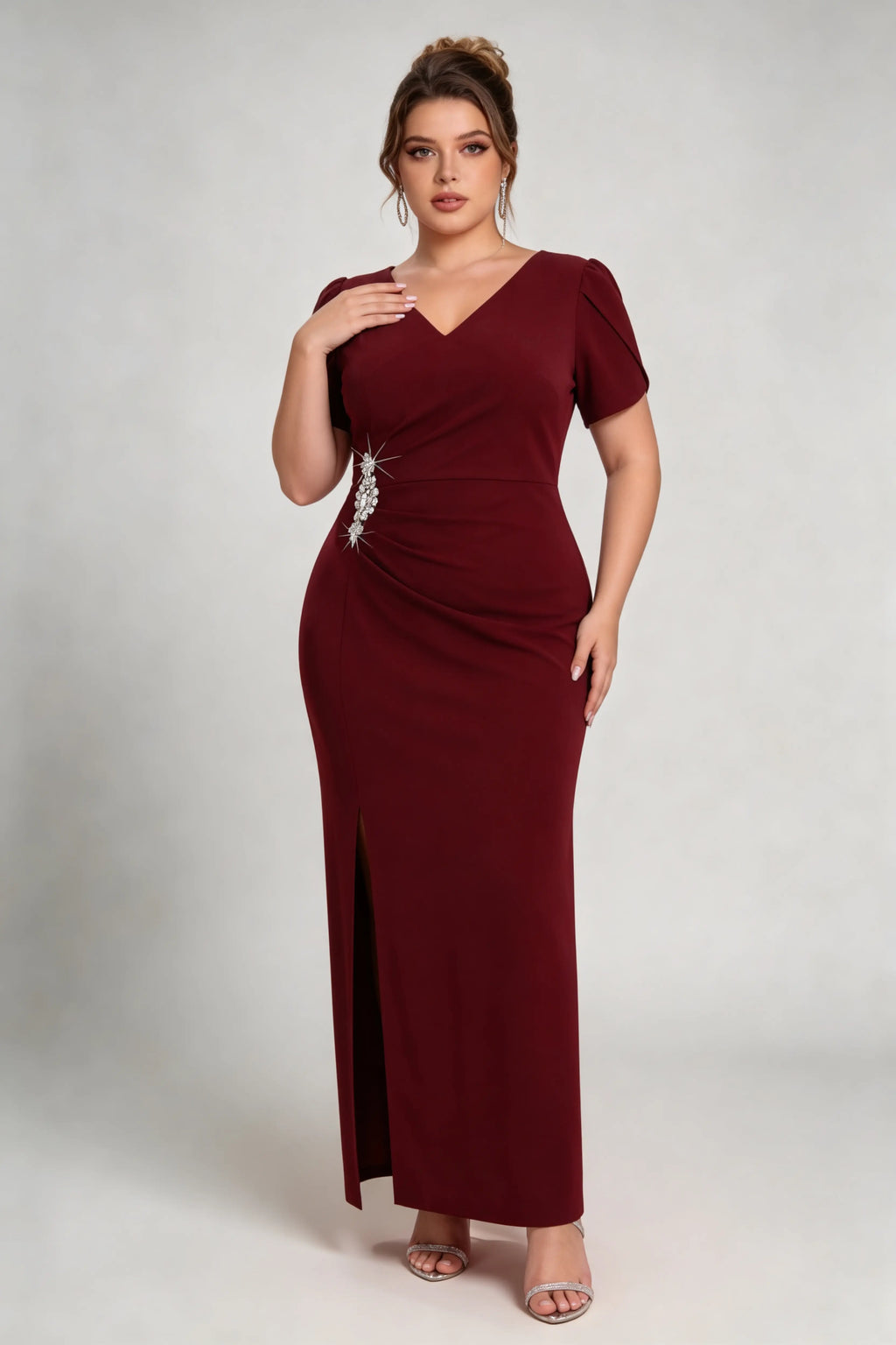 Plus Size Burgundy V-Neck Ruched Evening Gown with Crystal Embellishment
