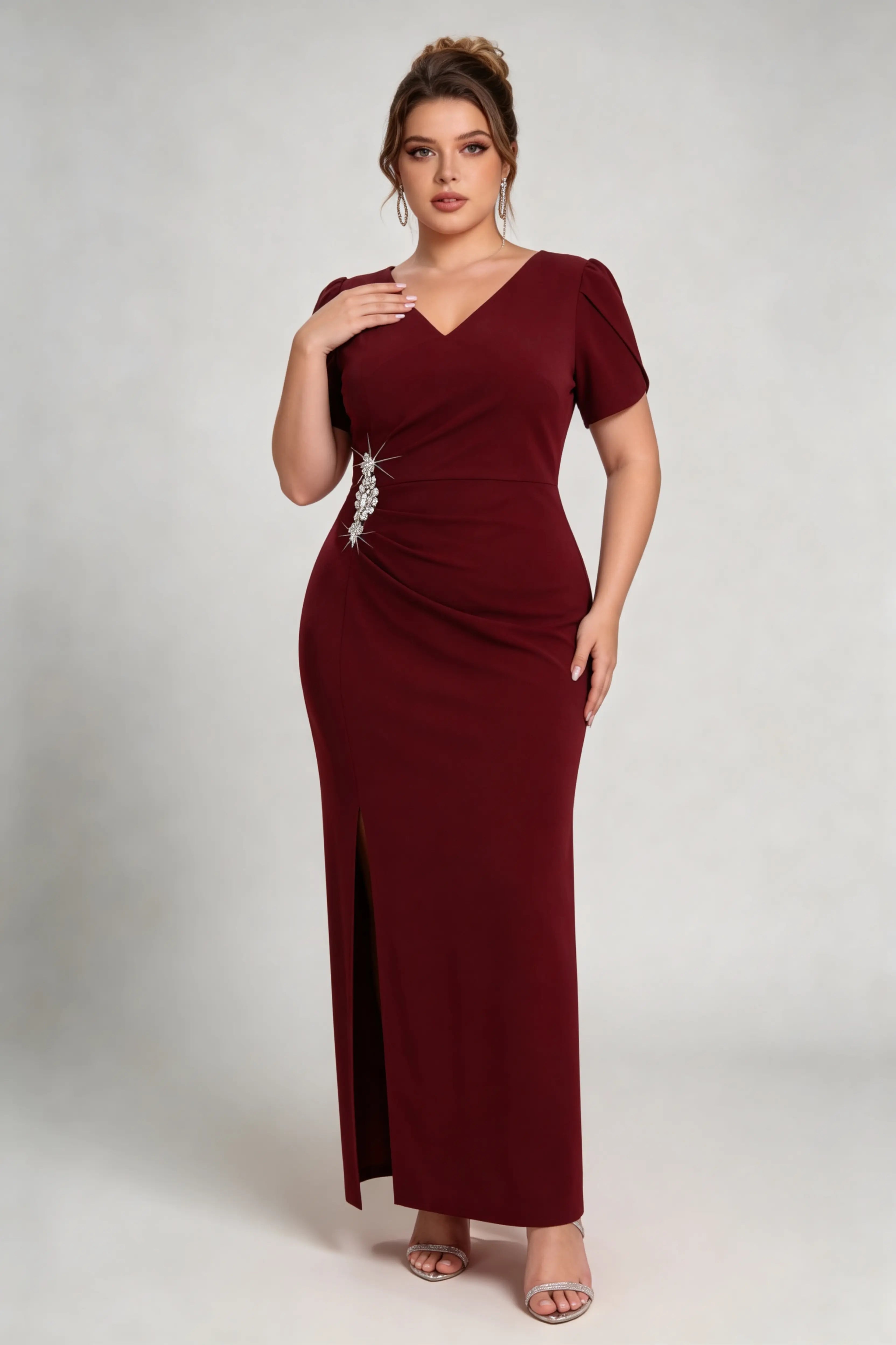 Plus Size Burgundy V-Neck Ruched Evening Gown with Crystal Embellishment