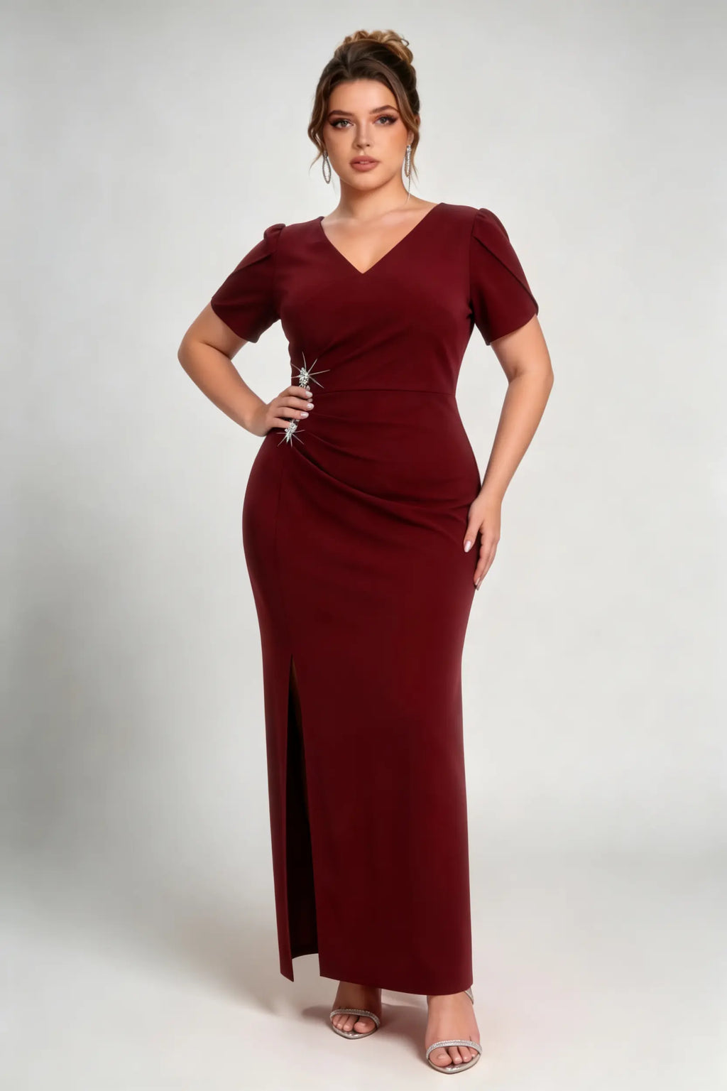 Plus Size Burgundy V-Neck Ruched Evening Gown with Crystal Embellishment