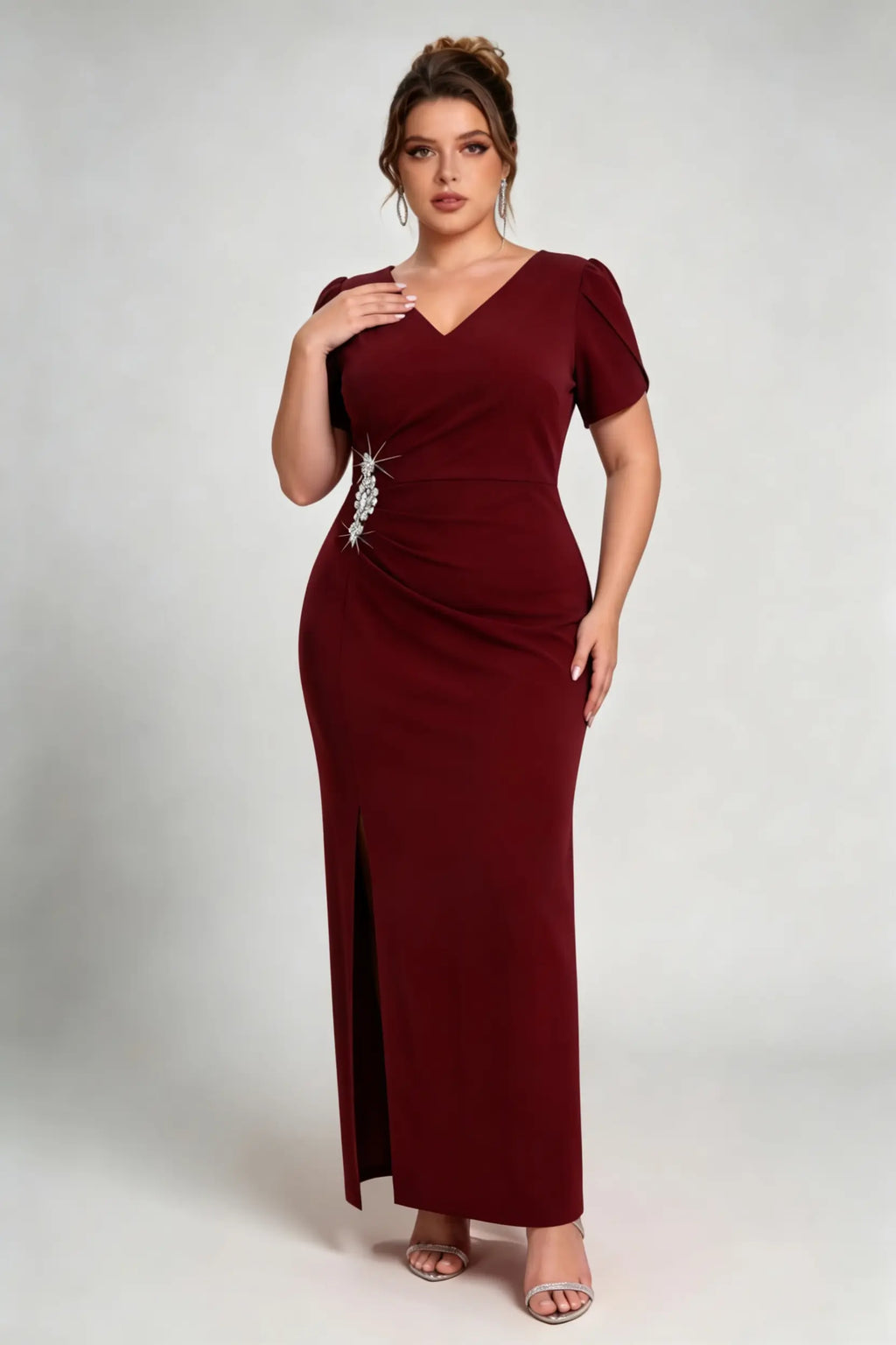 Plus Size Burgundy V-Neck Ruched Evening Gown with Crystal Embellishment