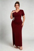 Plus Size Burgundy V-Neck Ruched Evening Gown with Crystal Embellishment