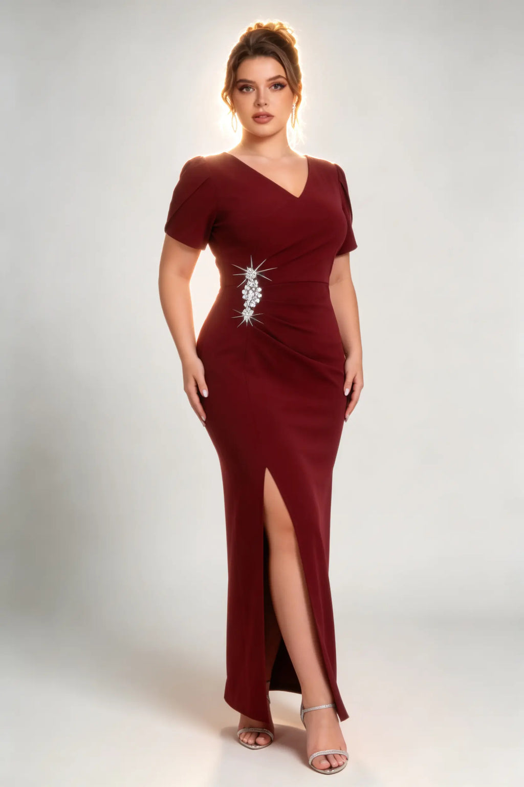Plus Size Burgundy V-Neck Ruched Evening Gown with Crystal Embellishment
